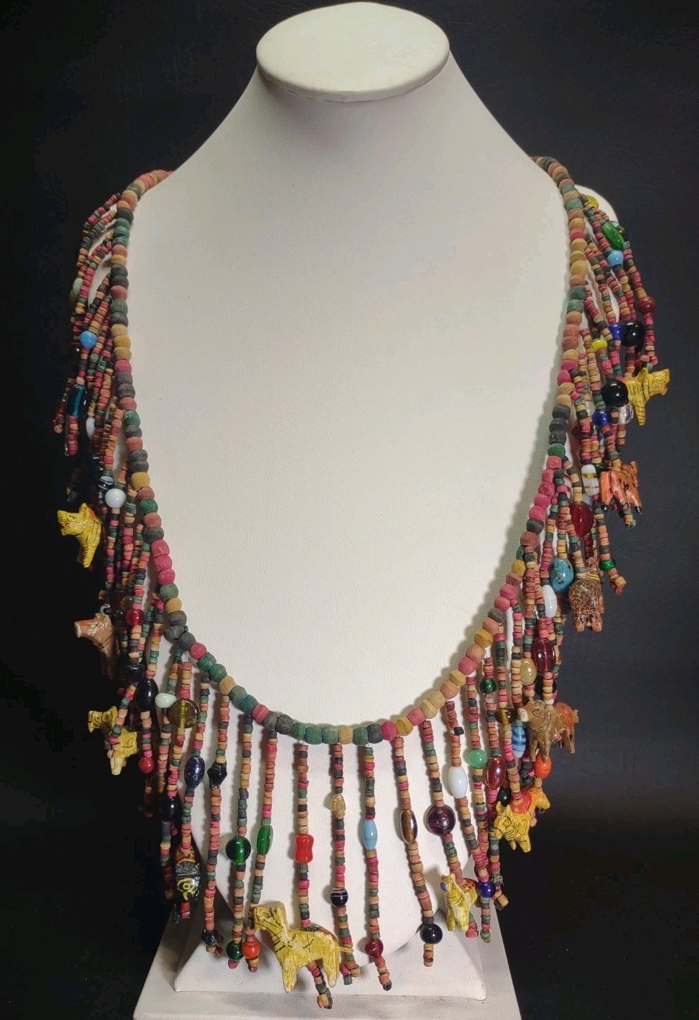 Vgt Africa Multi-Strand Drops Hand Carved Wood Animal Glass Beads Necklace Boho