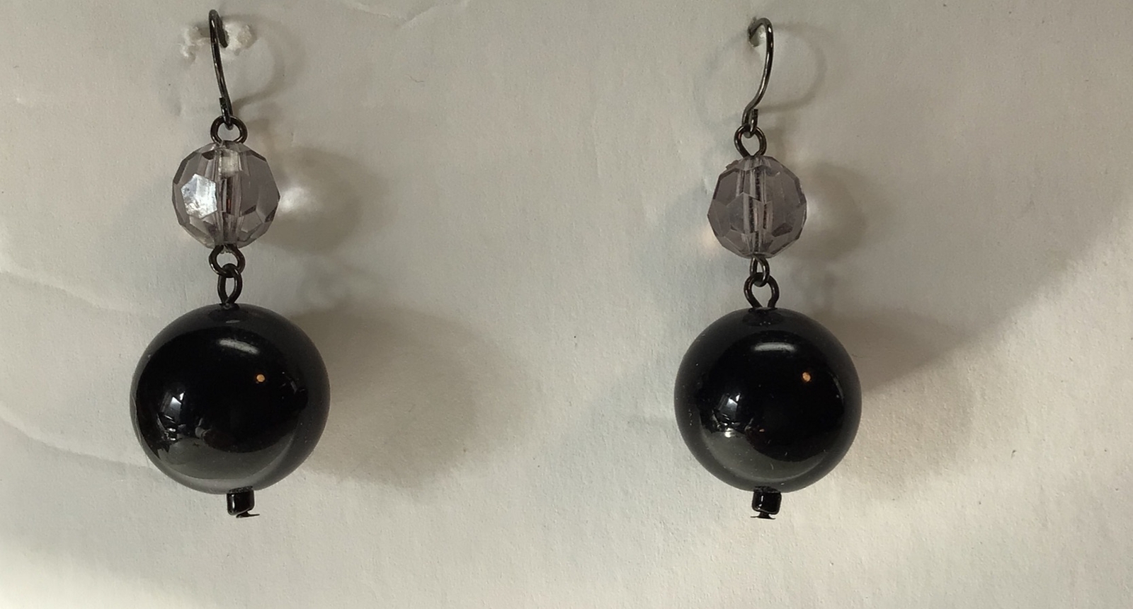Vintage Statement Earring, Black Balls And Grayish Clear Beads. For Pierced Ears