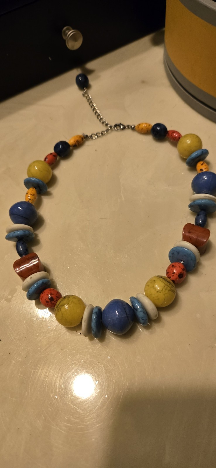Vintage Acrylic?Glass? Statement 16″ Necklace Blue Yellow Red Lobster Clasp