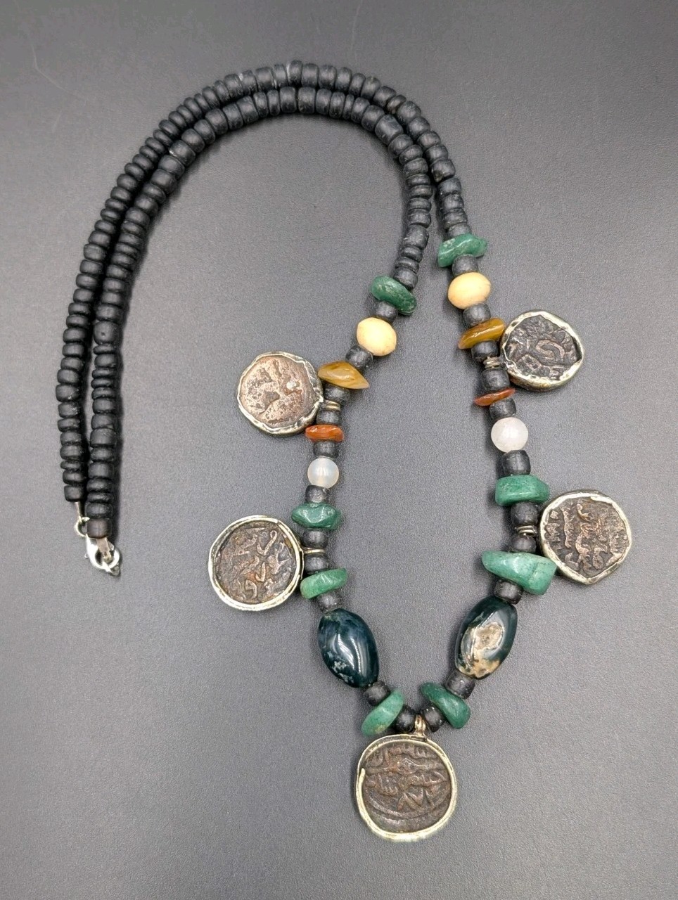 Vtg Ancient Silk Road Islam Mamluk Coin Stone Beads Sterling 925 Clasp Necklace