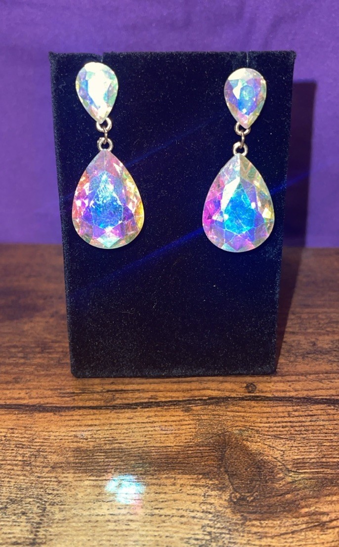 Vintage Aurora Borealis Crystal Drop Earrings Faceted AB Rhinestone Glam