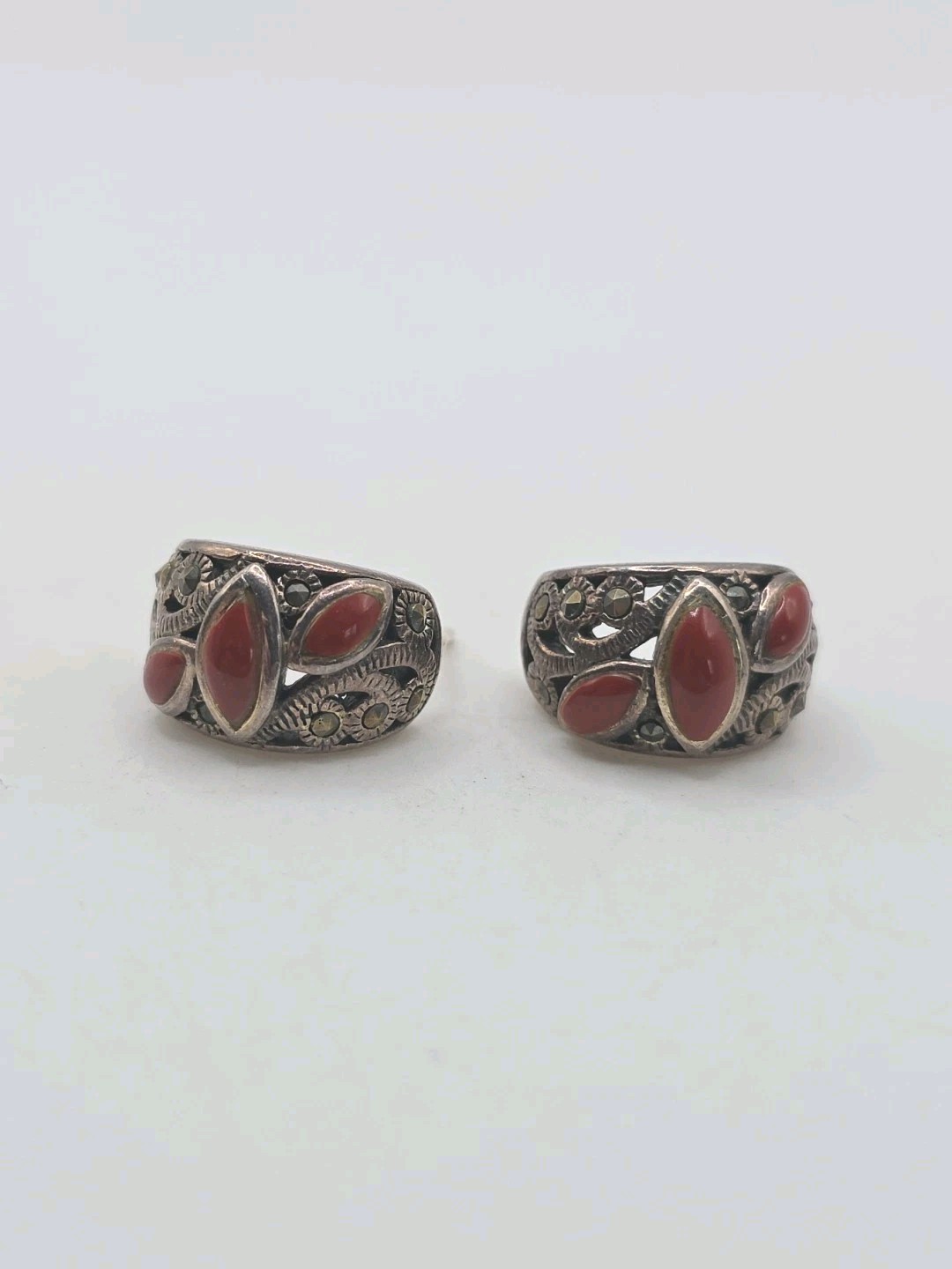 Vintage Sterling Silver 925 Red Coral Marcasite Curved Earrings 10g
