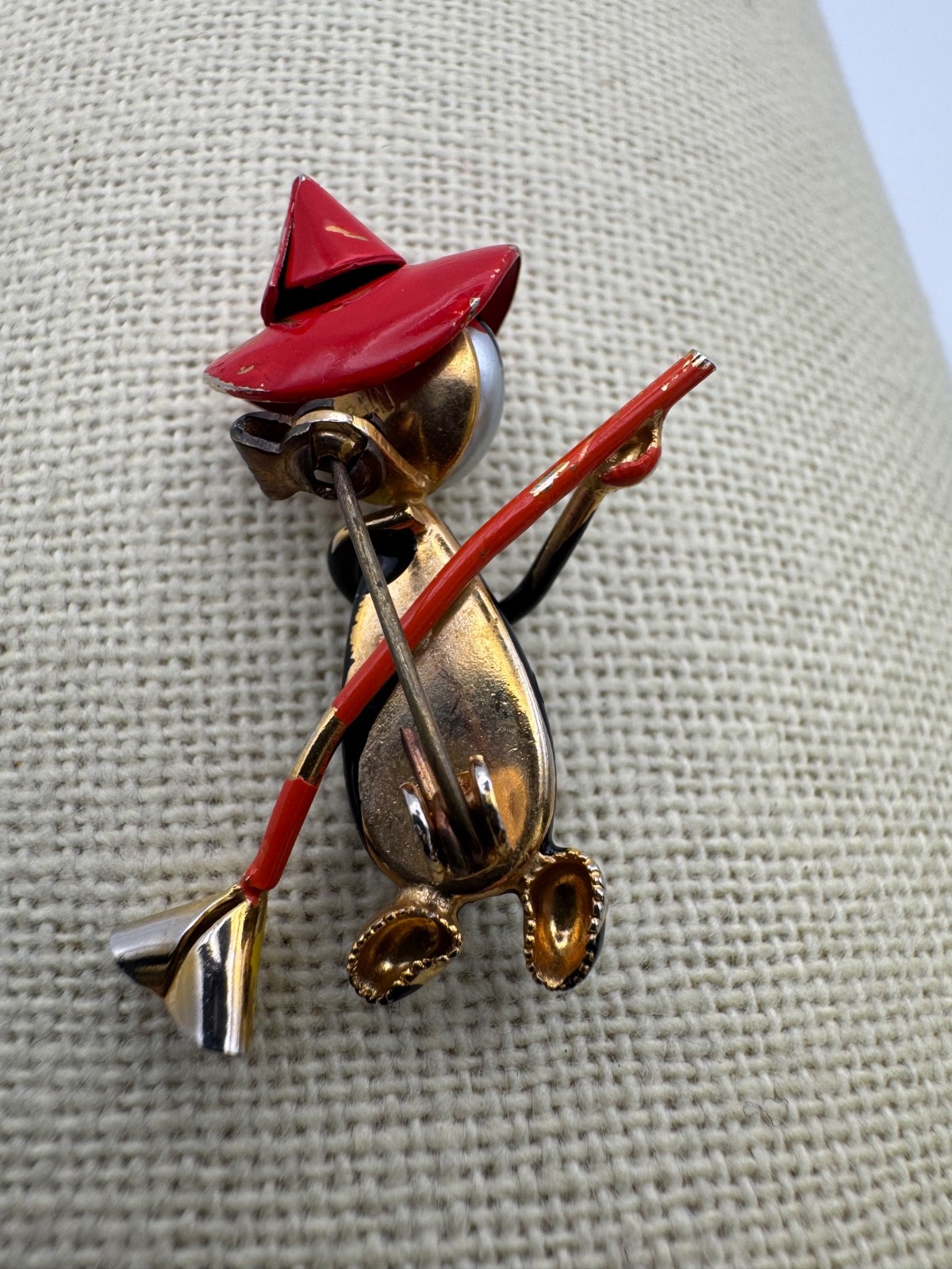 Vintage Halloween Witch Brooch Pin Red Hat Black Dress Broom Figurine
