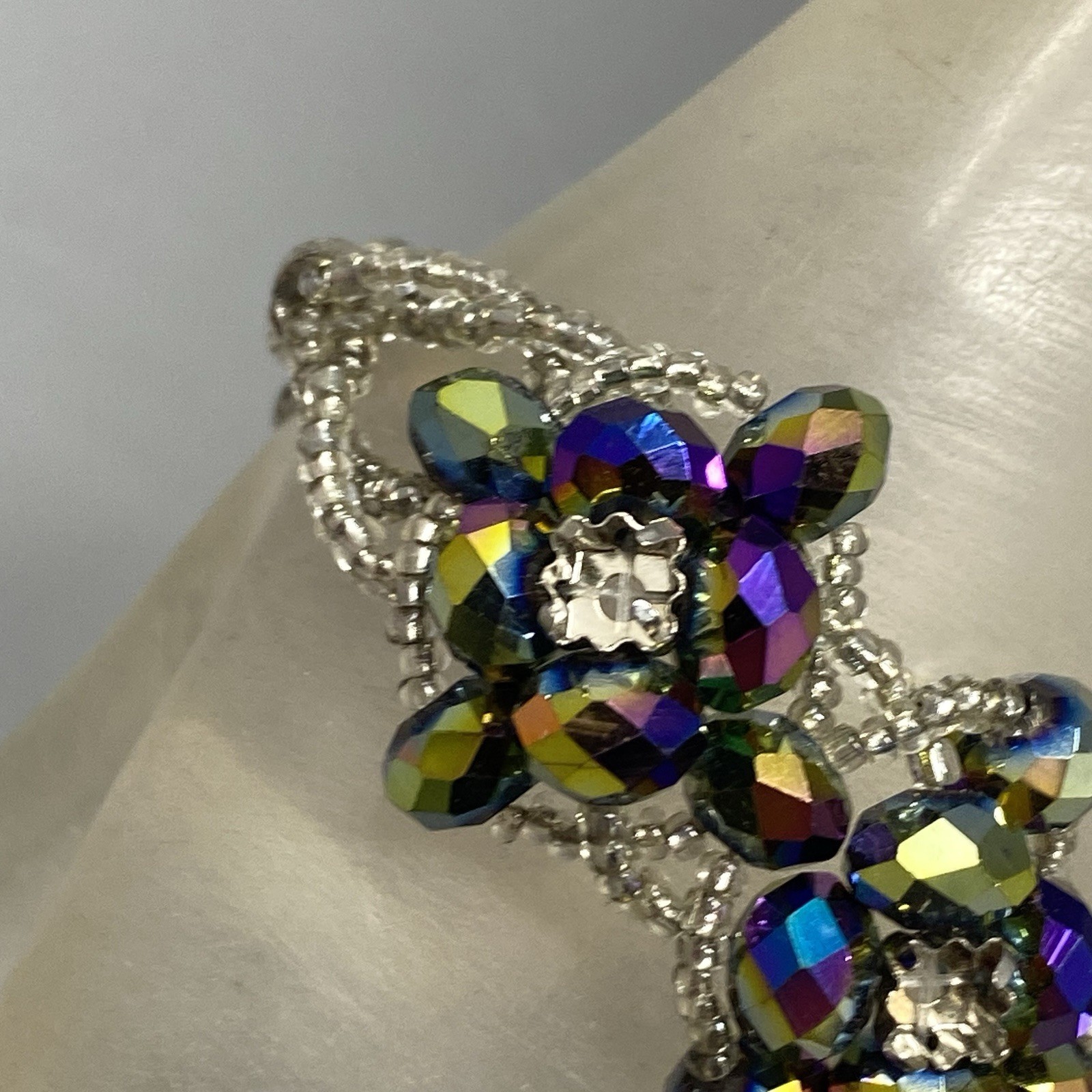 Glass Bead Bracelet Purple Metallic Oil Slick Peacock Coated Chunky Repair 6.5″