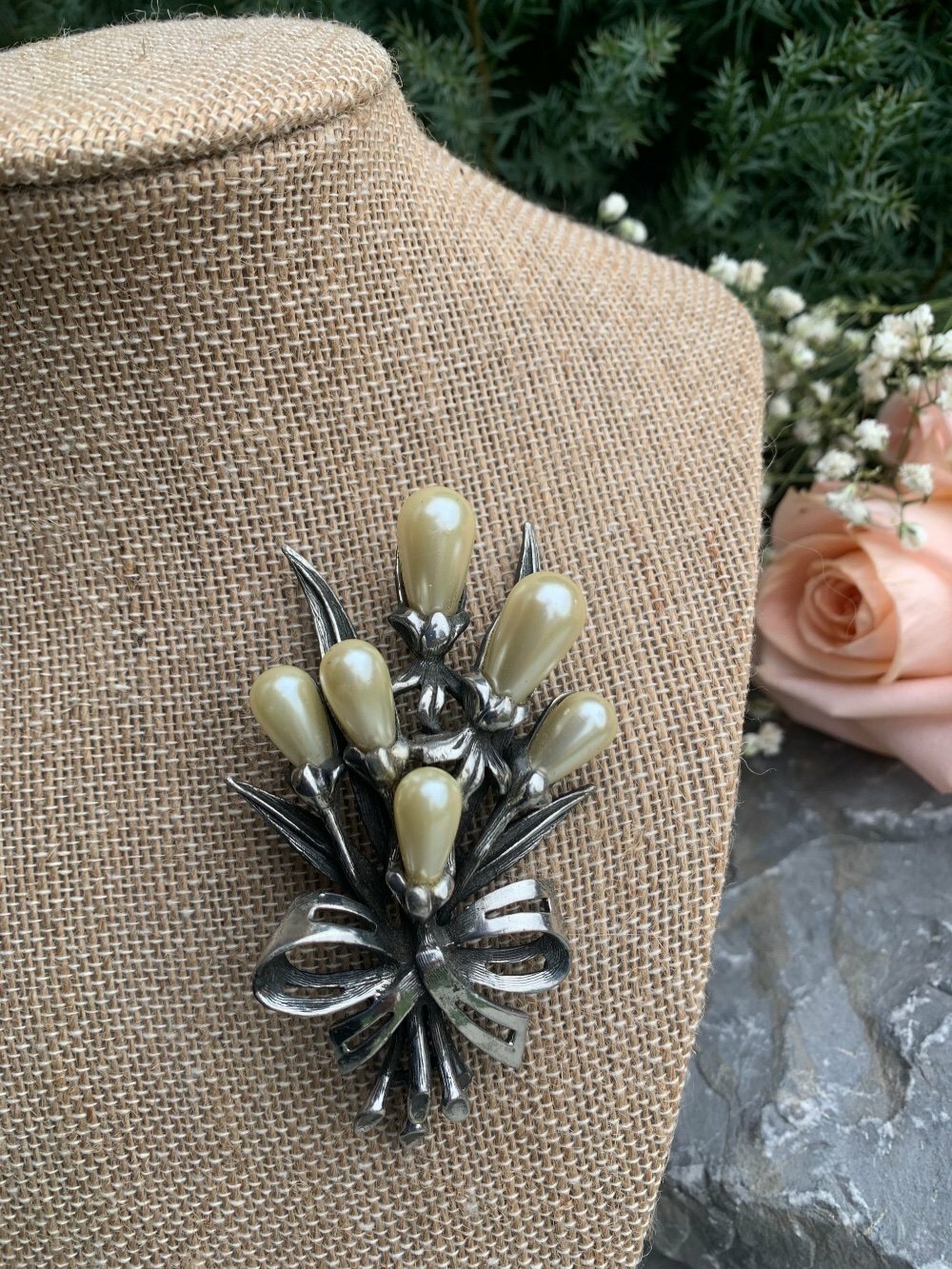 Vintage Signed Ravana Faux Pearl Floral Bouquet Designer MCM Mod Brooch / Pin