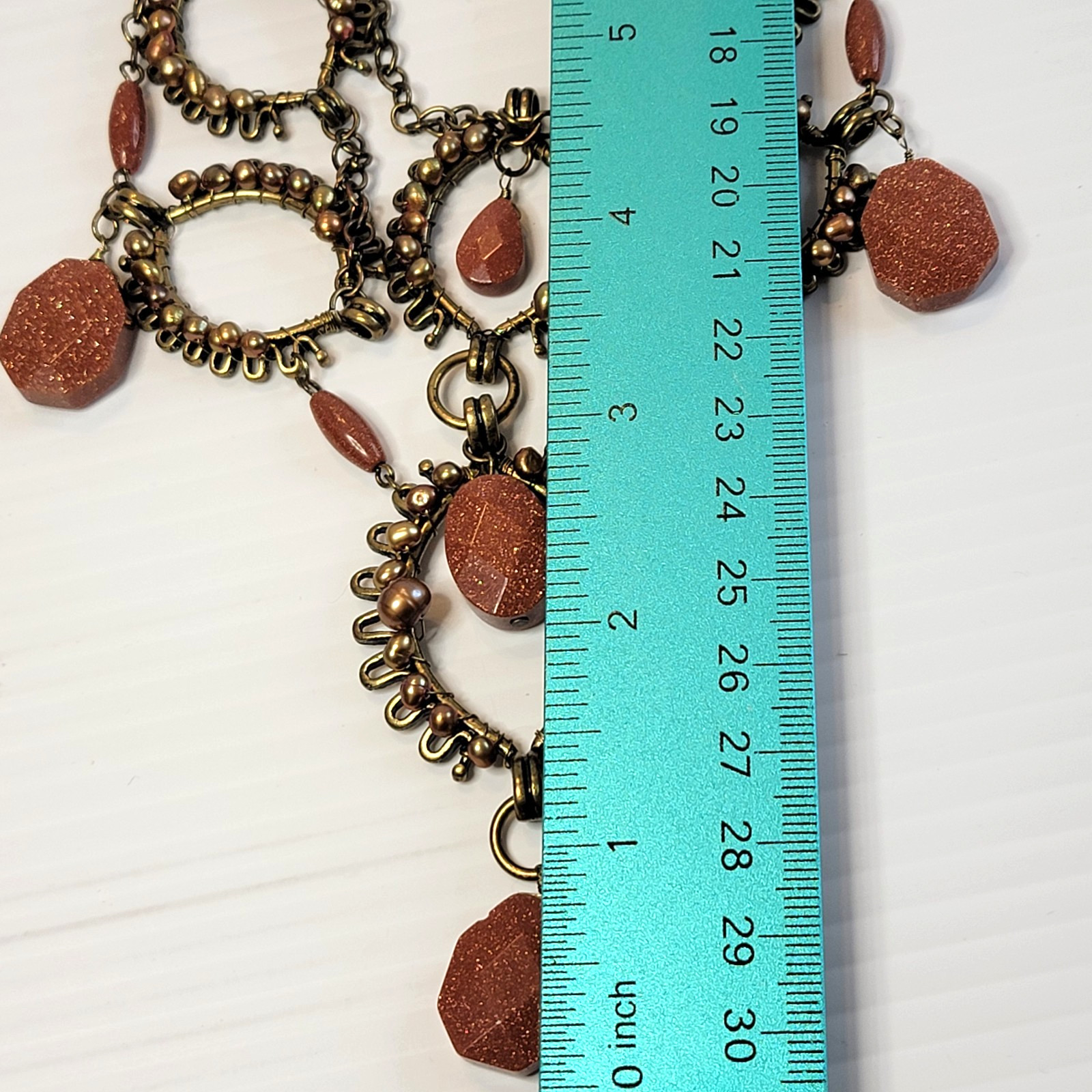 Vintage Coldwater Creek Goldstone and Pearls Bronze Tone Bib Festoon Necklace