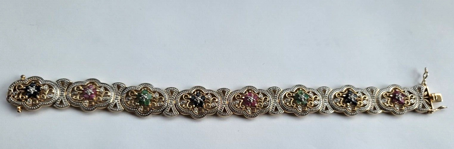 Sterling Ruby Sapphire Emerald Diamond Floral Link Bracelet 7 1/2″ 925 Gold Pltd