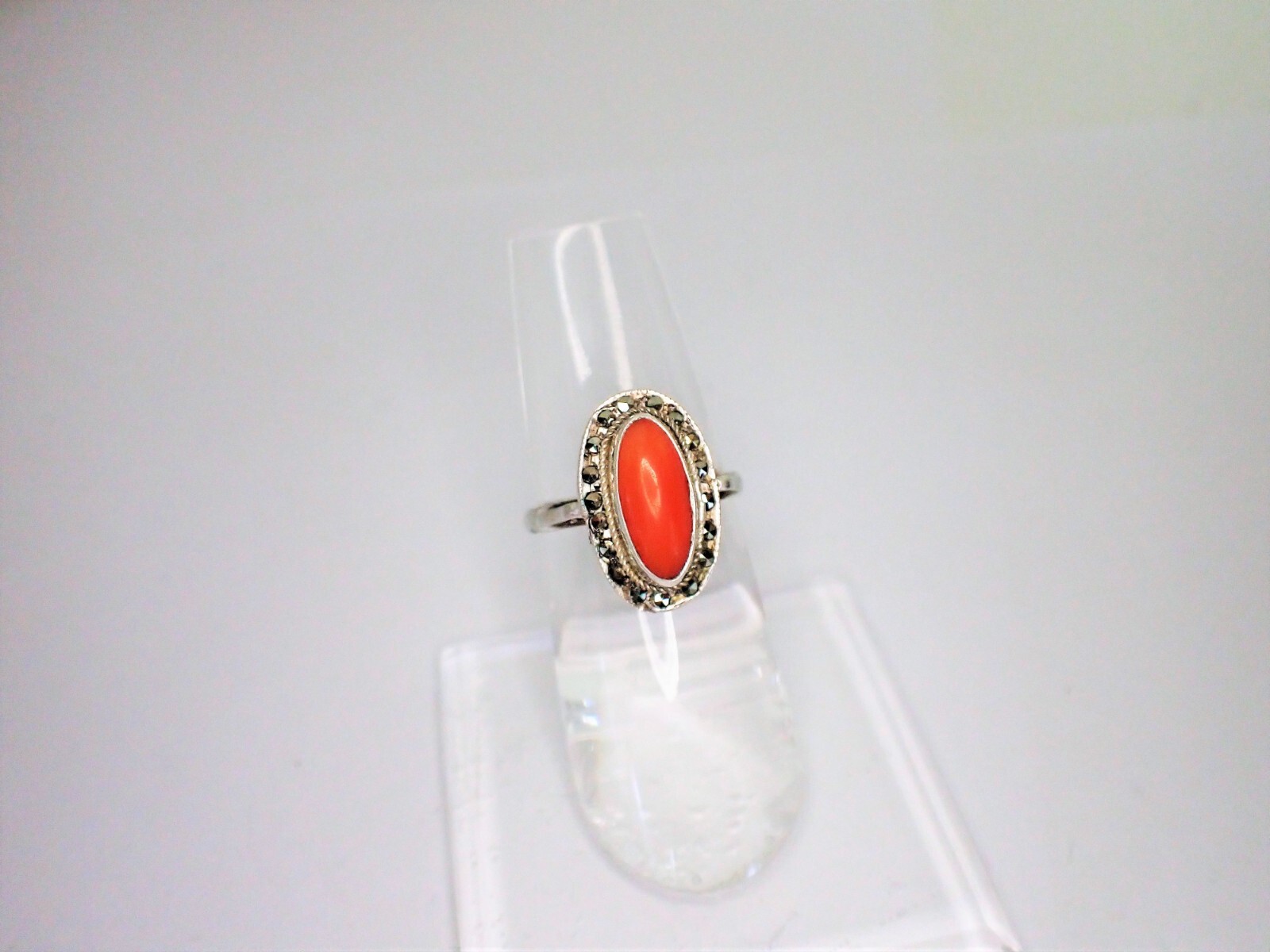 Vintage Art Deco 800 Silver Oval Coral Cabochon & Marcasite Ring Size 5.5