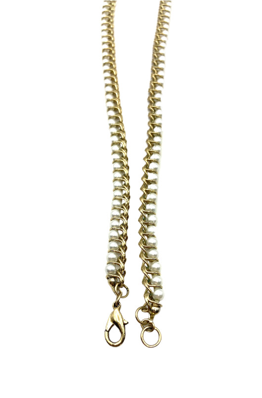 Vintage Gold Tone Faux Pearl Necklace Curb Linked Wire Wrapped 17” Costume GUC