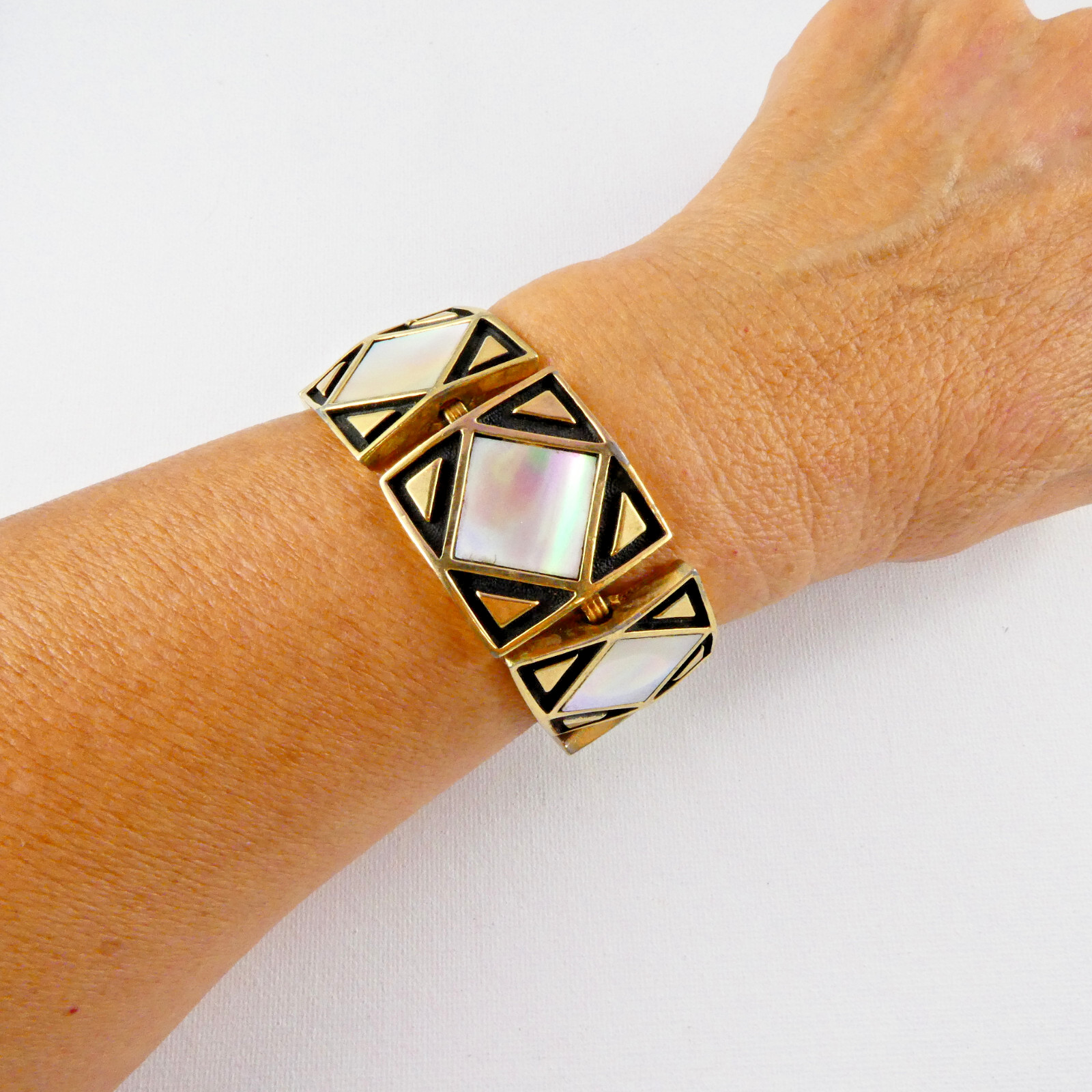 Vintage MOP Square Links Articulated Bracelet w/ Safety Chain Mother of Pearl