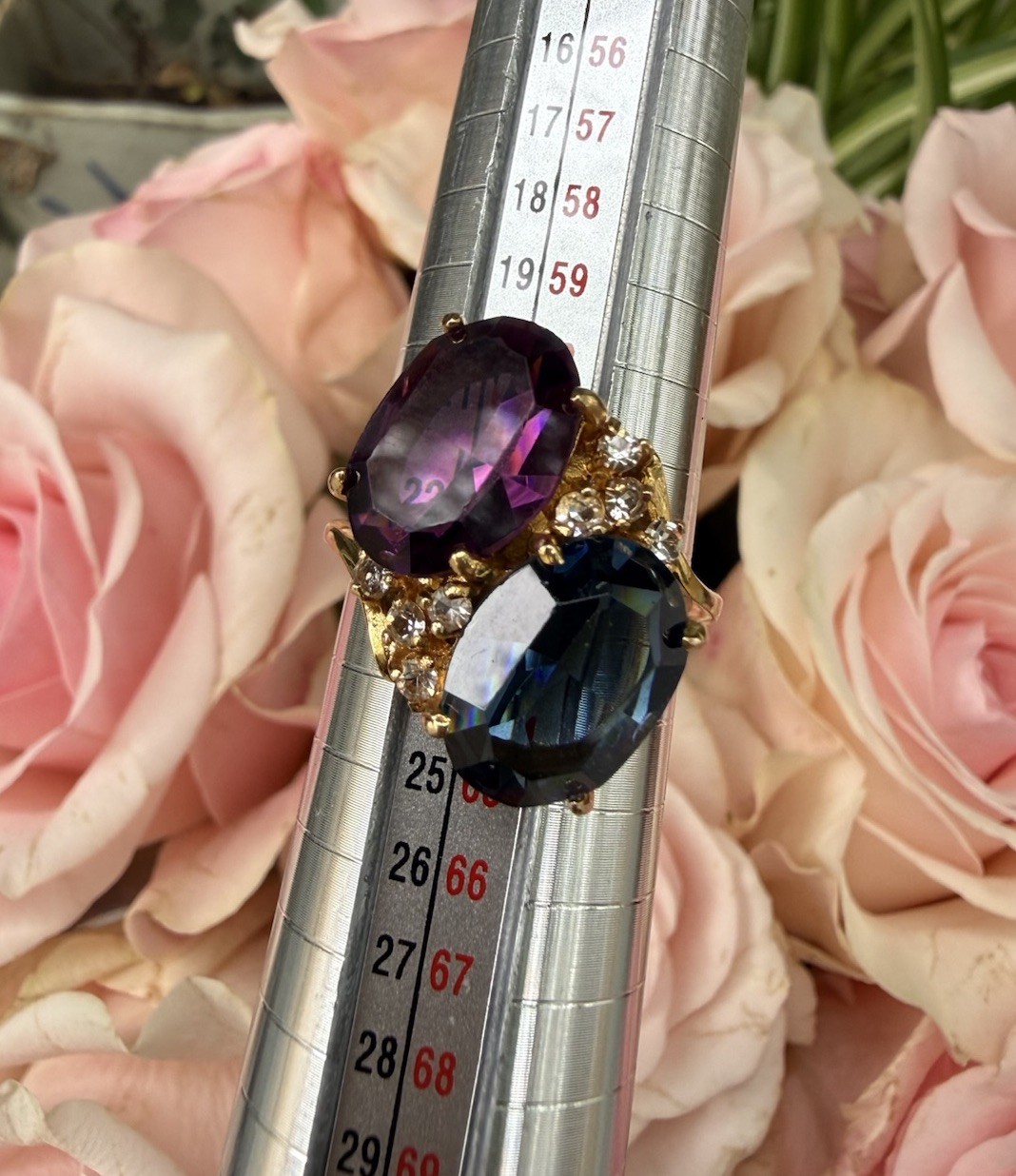 Vintage Multi stone Cocktail Ring Gold Plated Purple And Blue Cz Size 10