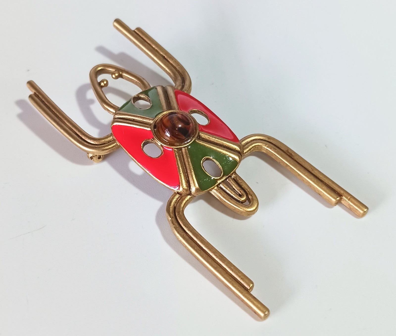 Vintage Gold-tone Insect Bug Brooch w/ Enamel Body & Translucent Cabochon