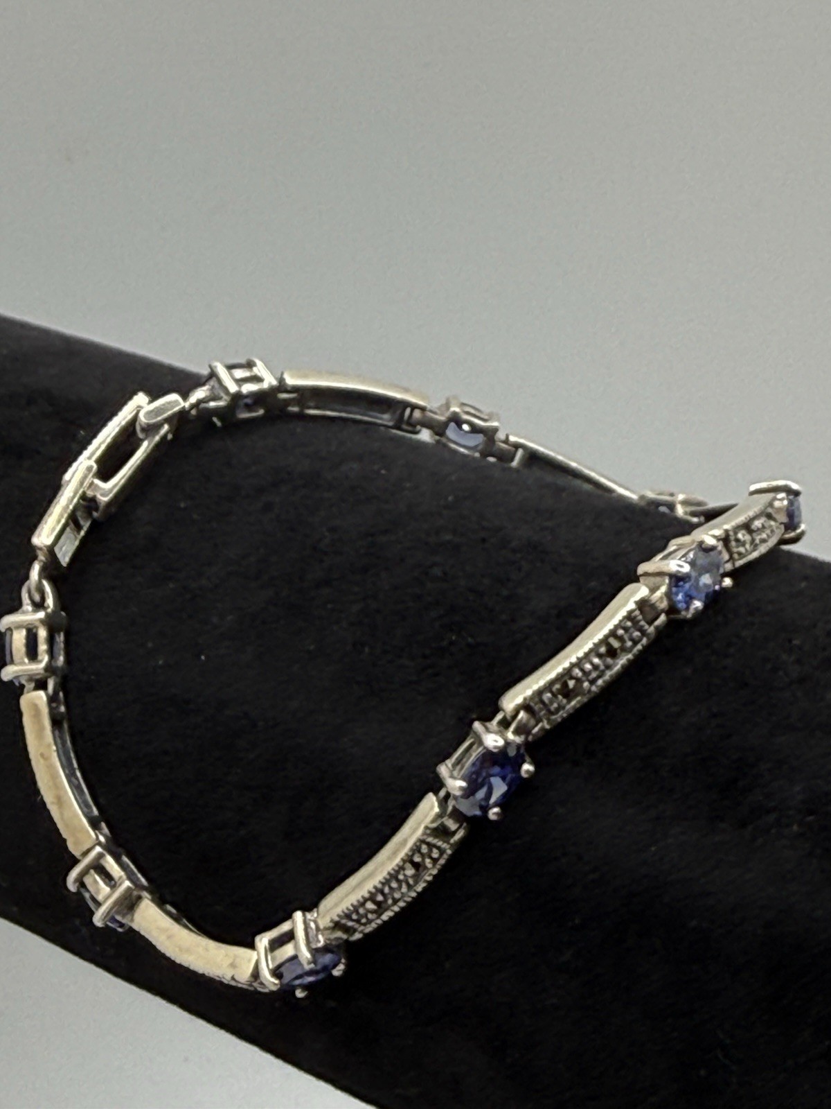 Vintage 925 CW Amethyst Marcasite Stone Panel Link Bracelet Sterling Silver 8”