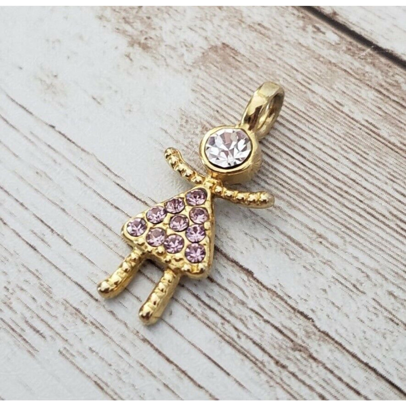 Vintage Pendant – Gold Tone Girl with Pink & Clear Gems – No Chain Included