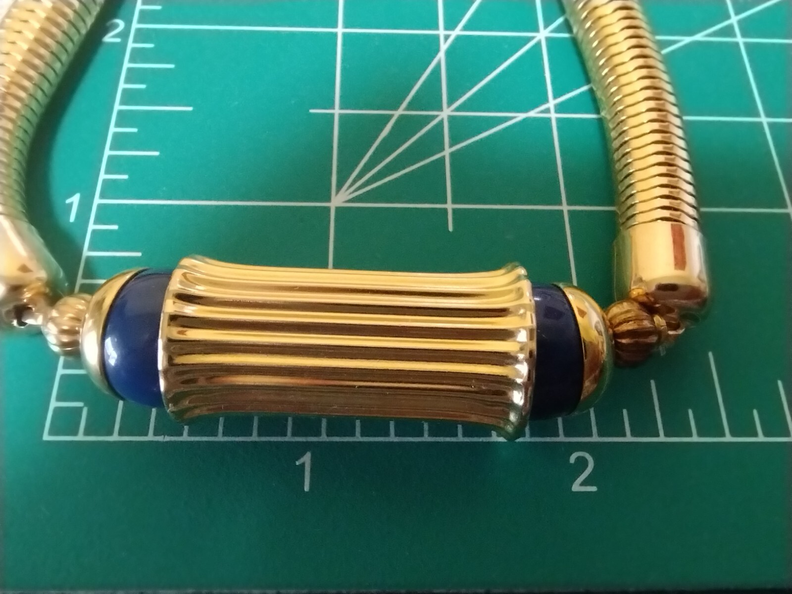 Gay Boyer Goldtone Snake Necklace with a Barrel Center Blue Enamel Ends #278