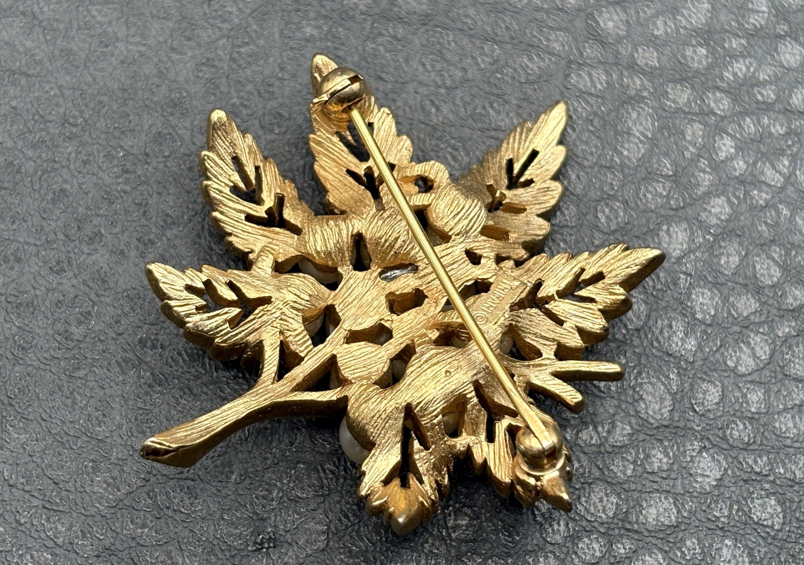 Vintage Crown Trifari Gold Tone Faux Pearl Cluster Rhinestone Leaf Brooch Pin