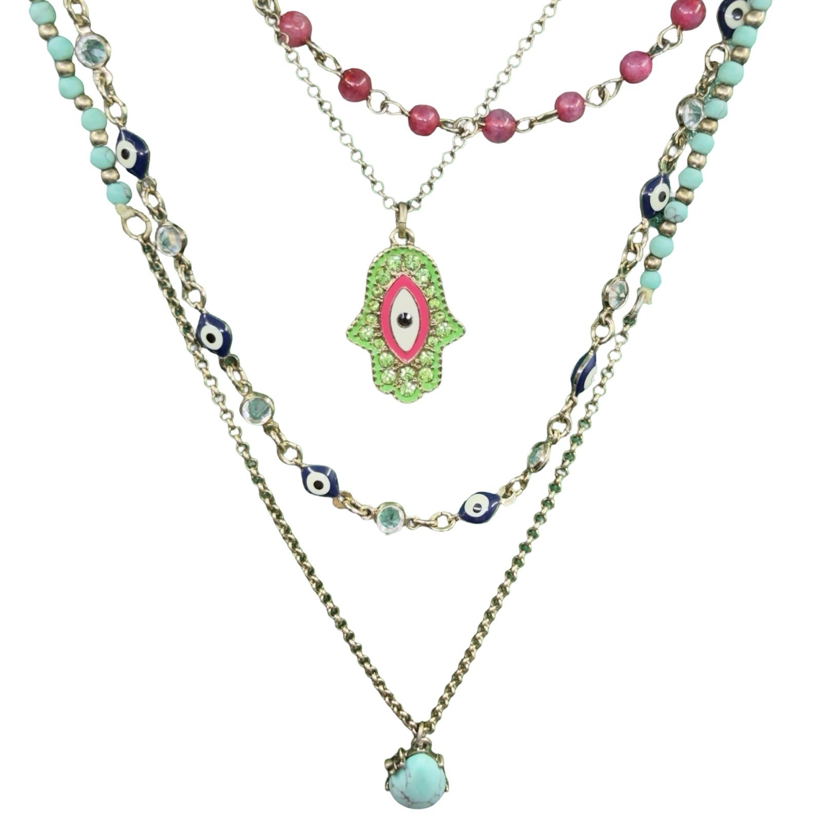 RETIRED Betsey Johnson 🎀 RHINESTONE Evil Eye Hamsa Layered Necklace Turquoise