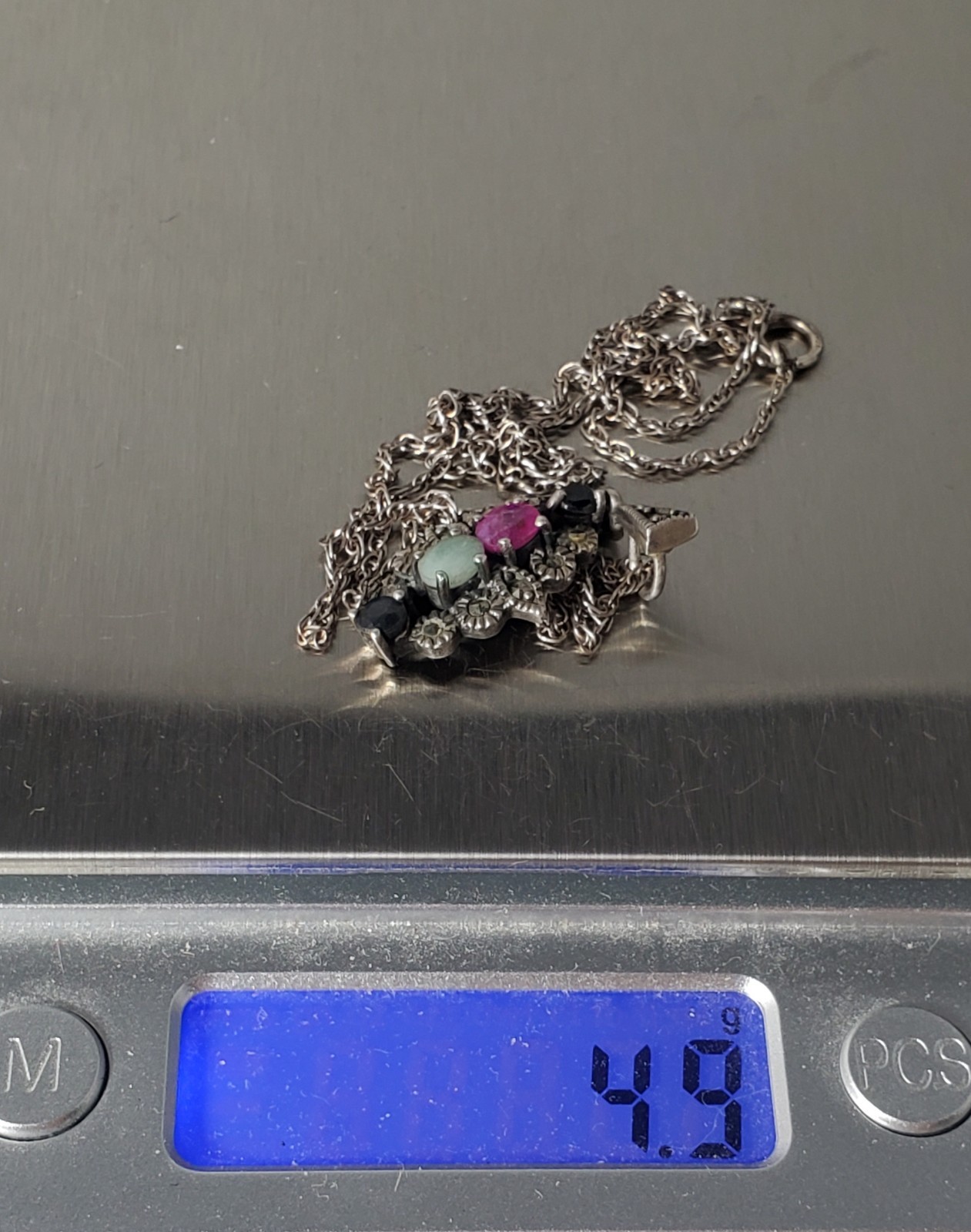 Vtg Sterling Silver Ruby Emerald Sapphire w Marcasites Pendant Necklace Lot 18″
