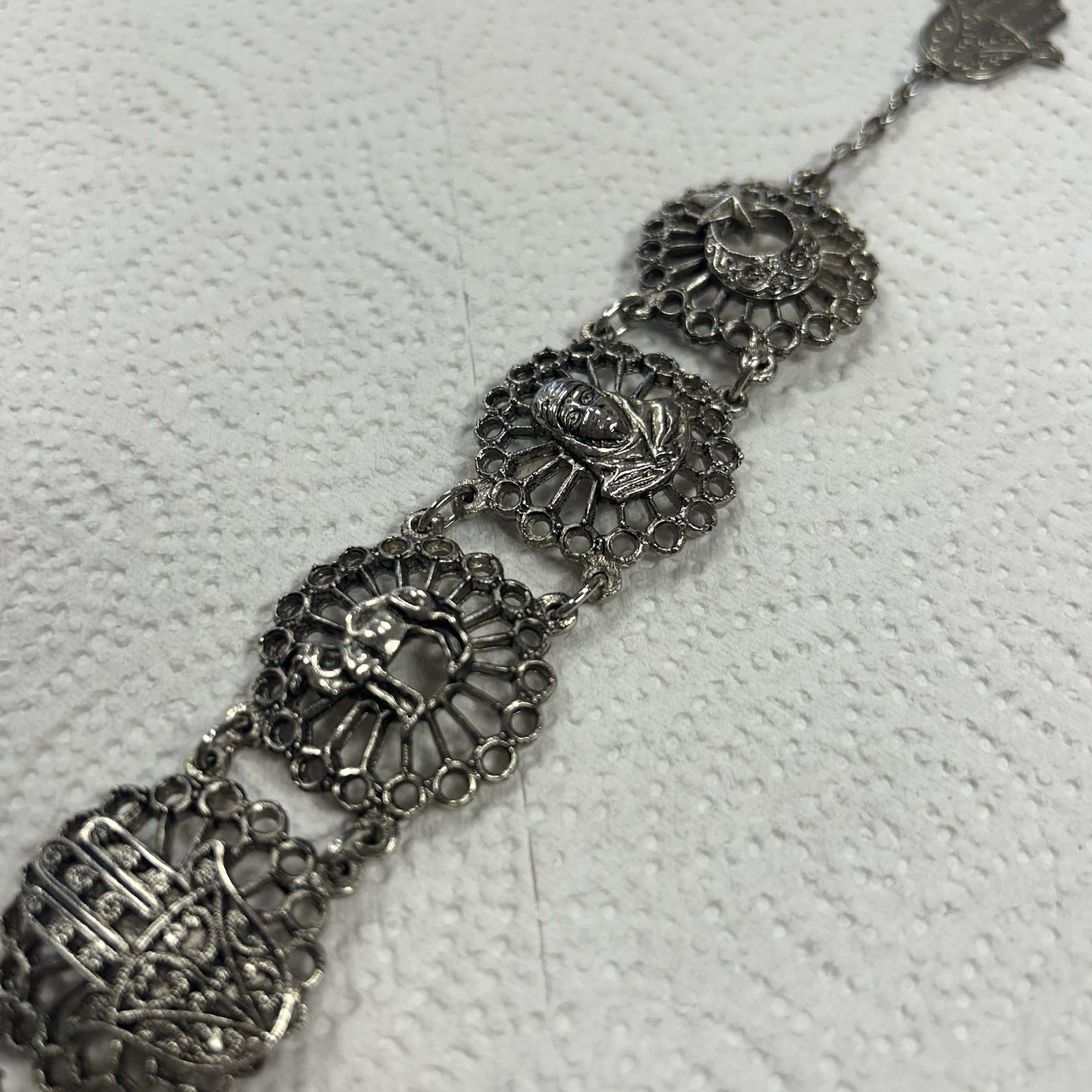 Vintage Souvenir Du Maroc Silver Bracelet Armenian Hamsa Moon Star Camel Travel