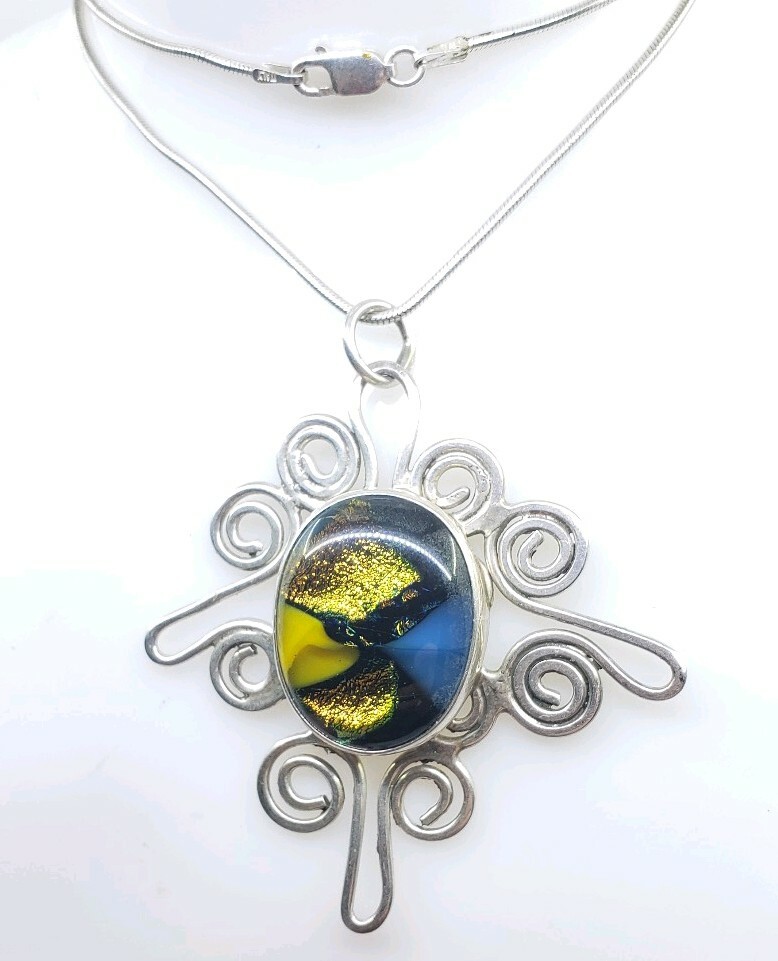 Fine Vintage Sterling Silver Foil Art Glass Abstract Modernist Necklace Murano?