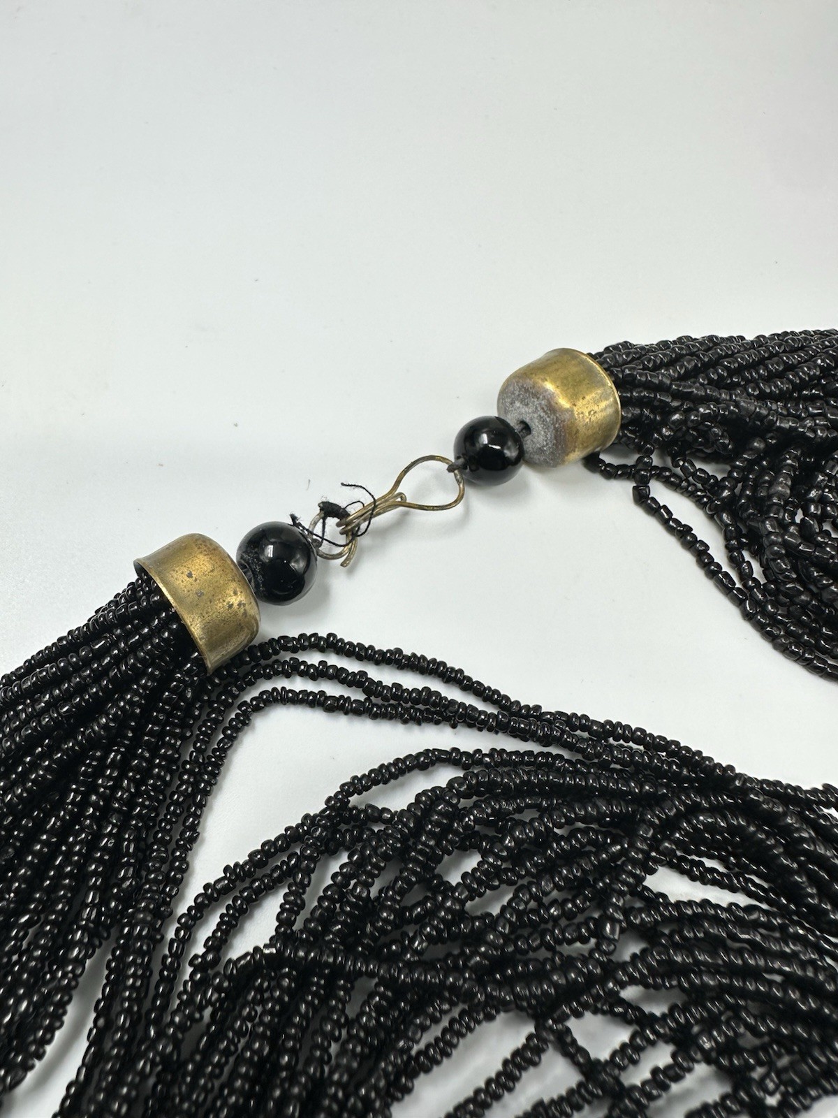 Vintage Black Multi Strand Beaded Statement Necklace Resin Pendant Tribal Collar