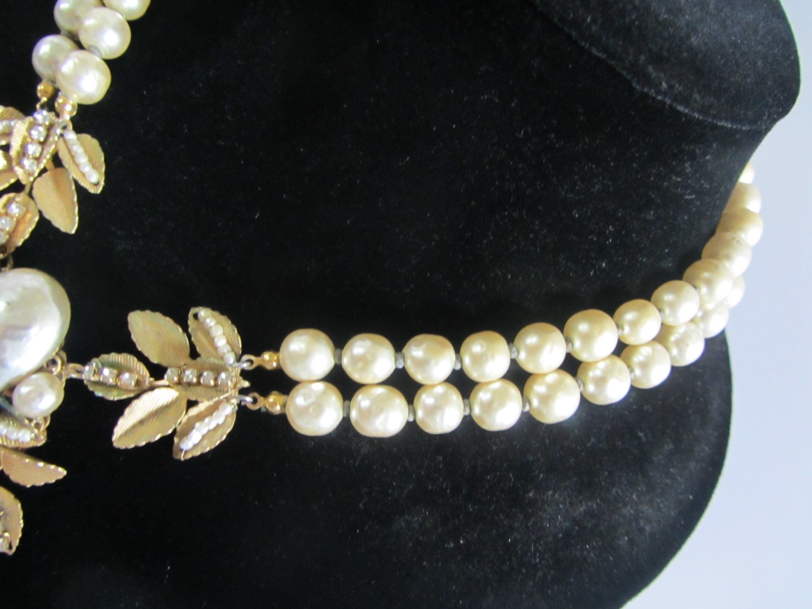 Vintage Signed Miriam Haskell Double Strand Pearl Necklace with Ornate Leaf Pend