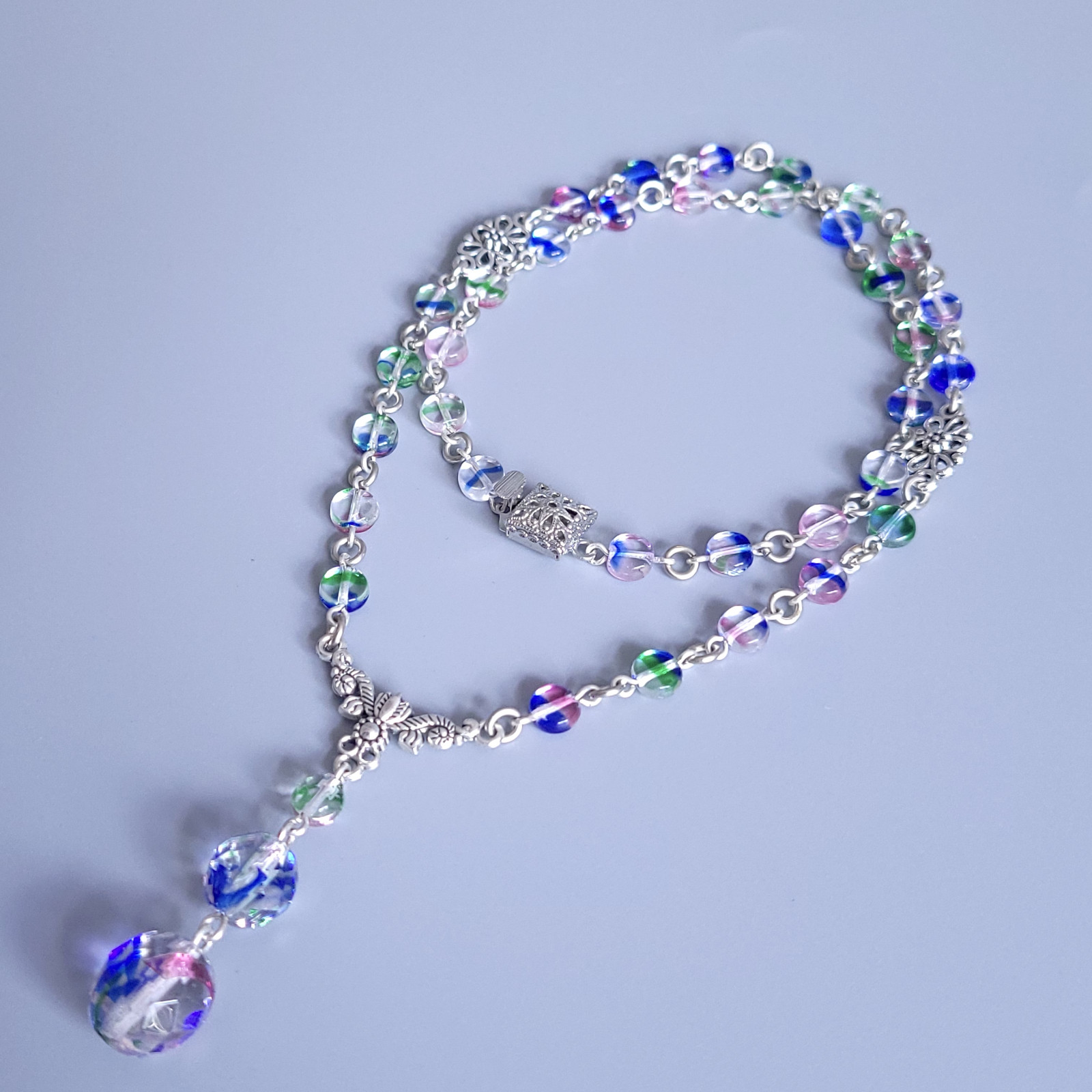 Iris Glass Necklace 19” Multicolor Czech Vintage Beads Women`s Jewelry