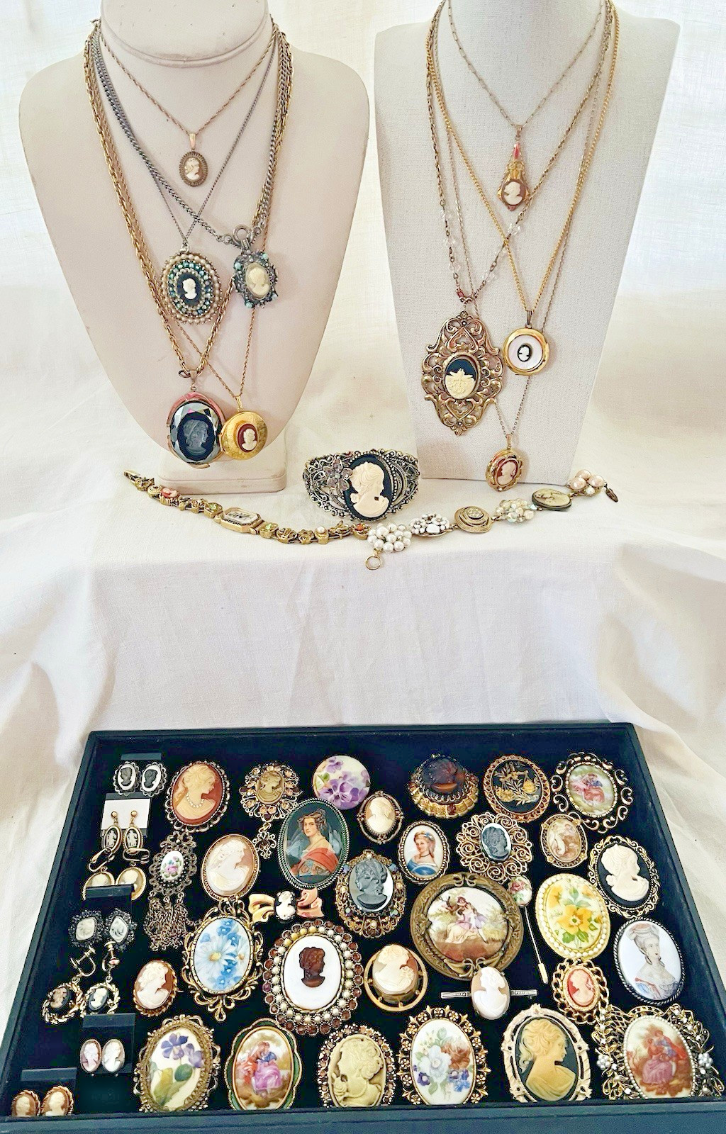 Vtg Estate Cameo Jewelry Artisan Painted Floral Romantic Victorian Revival Lot