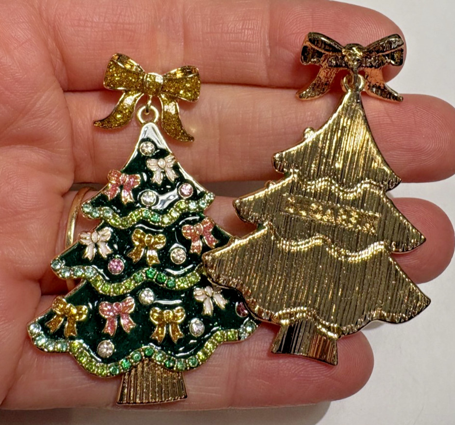 NWT Sugarfix Huge Christmas Tree Enamel Bow Rhinestones Dangle Stud Earrings