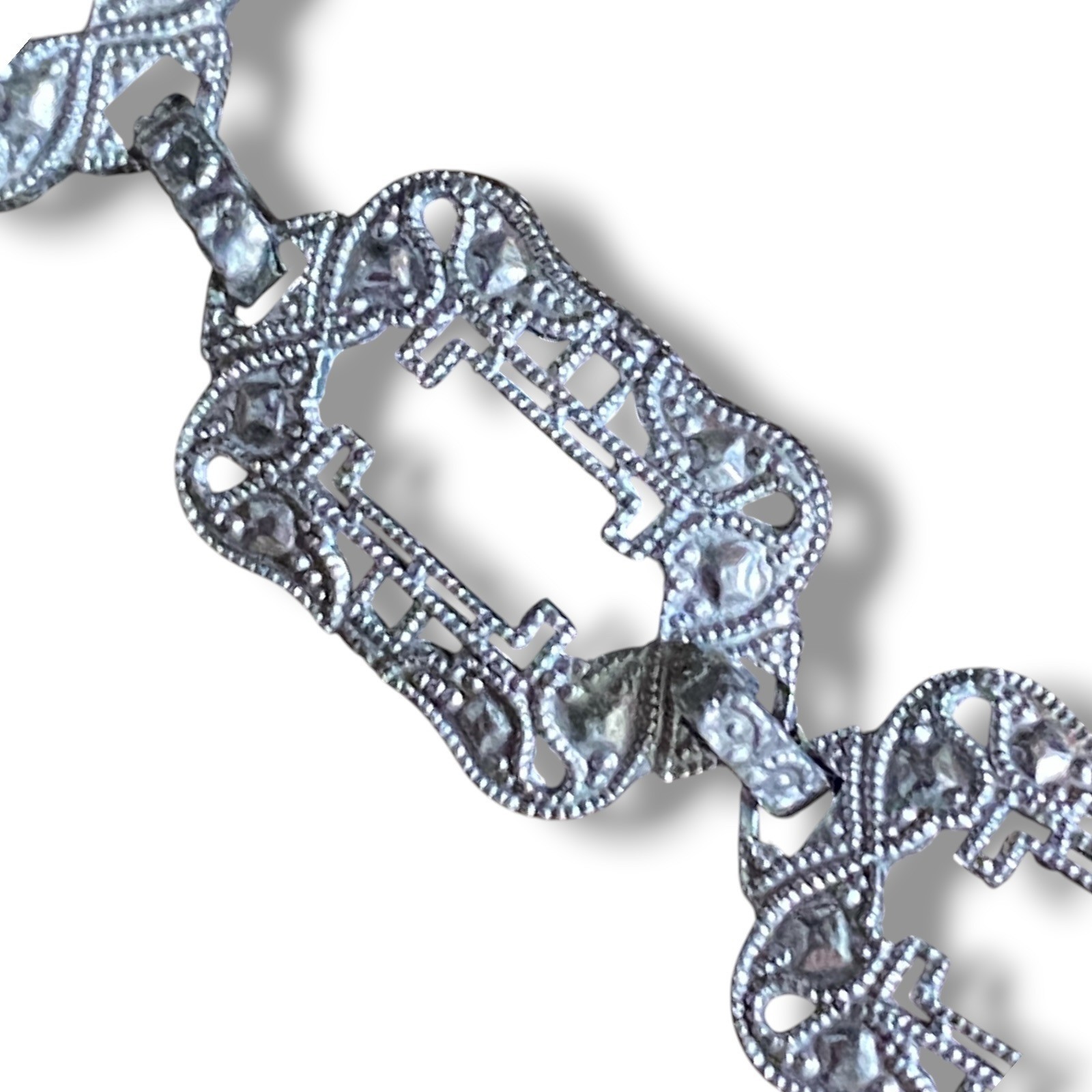 10K White Gold Camphor Glass Diamond Art Deco Filigree Bracelet 7.5″