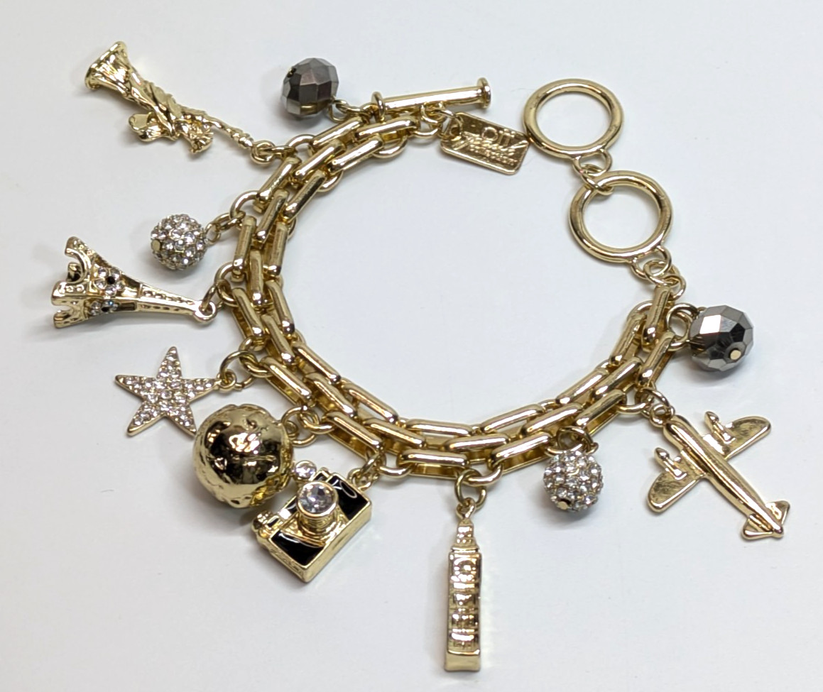 VTG Off Park Collection Gold Tone Travel Charm Bracelet Eiffel Tower Camera 8-9″