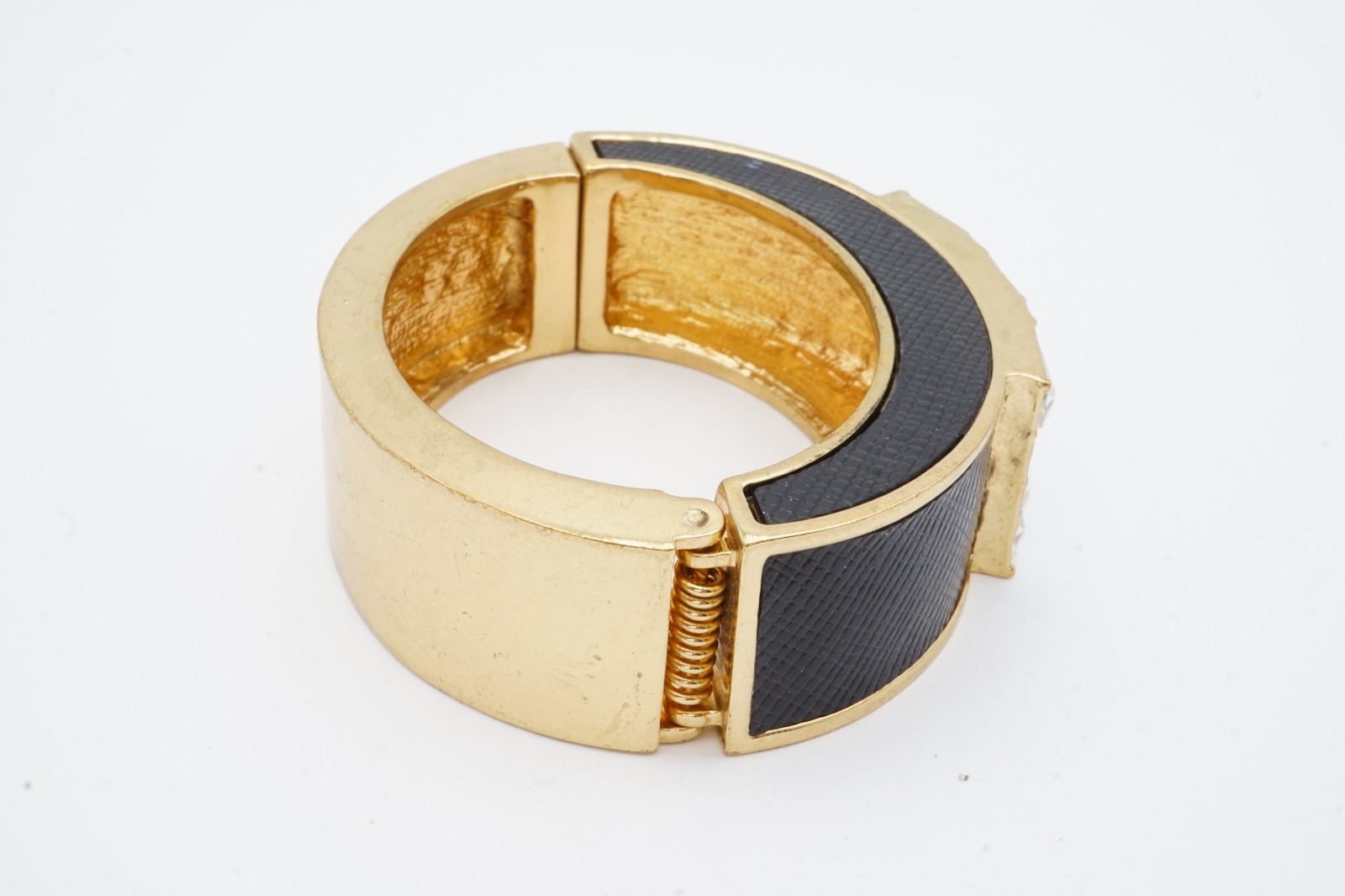 Vintage Bangle Bracelet Gold Tone Rhinestone Faux Leather 6.5″