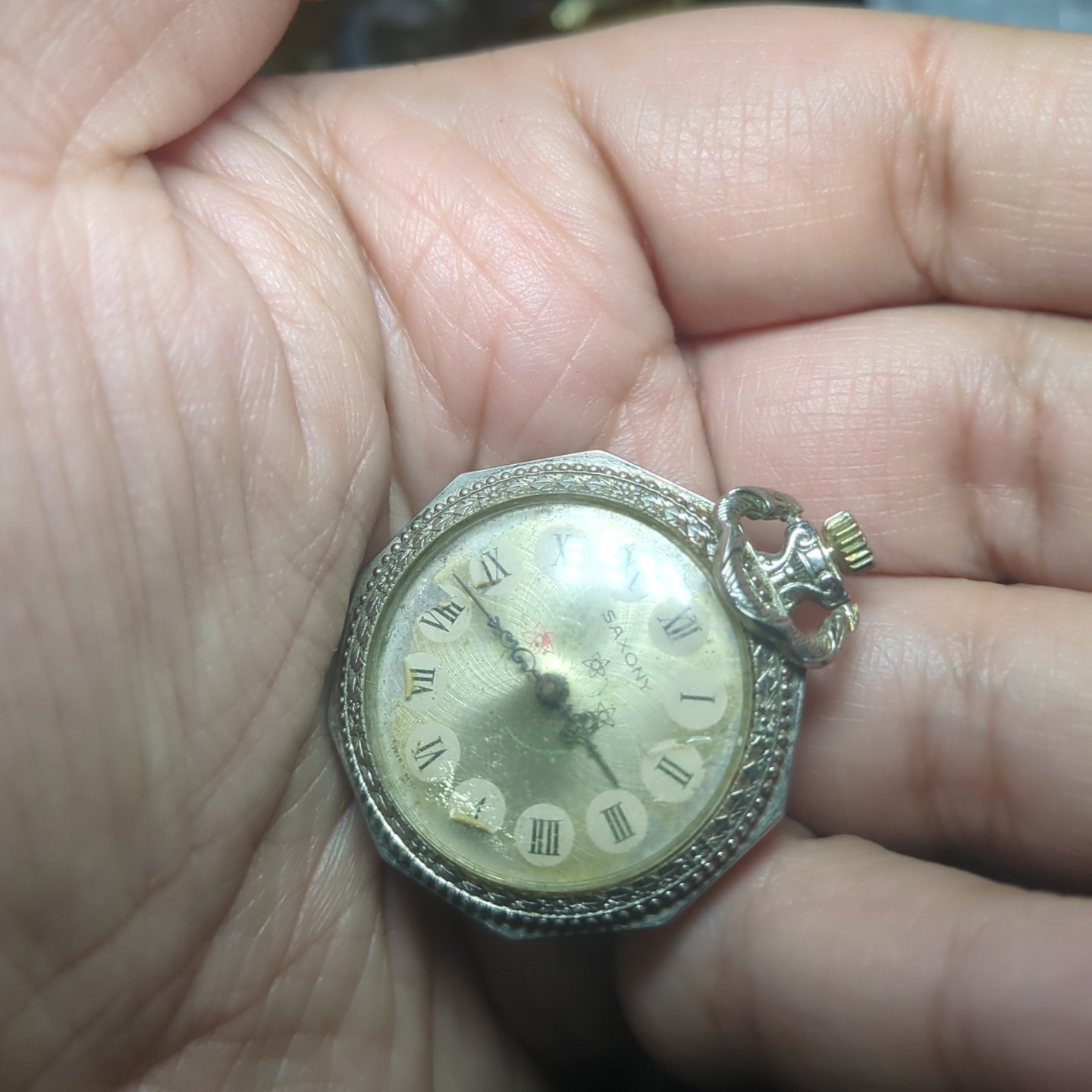 Vintage Saxony Ladies Silver Pendant Watch Manual Wind No Chain For Repair