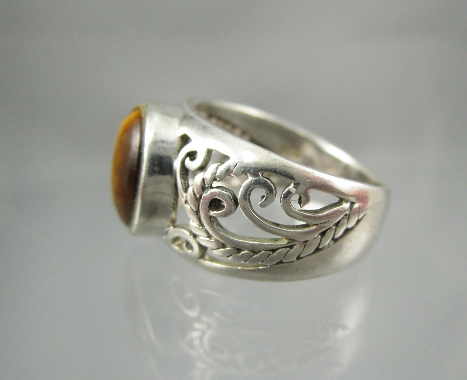 Filigree Sterling and Tigers Eye Ring Signed CW 925 Size 5.25 #4797E
