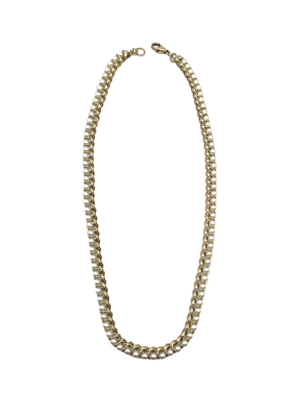 Vintage Gold Tone Faux Pearl Necklace Curb Linked Wire Wrapped 17” Costume GUC