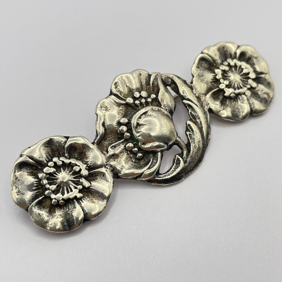 Vintage Sterling Silver Art Nouveau Poppy Flower Brooch Pin Sterling Repousse