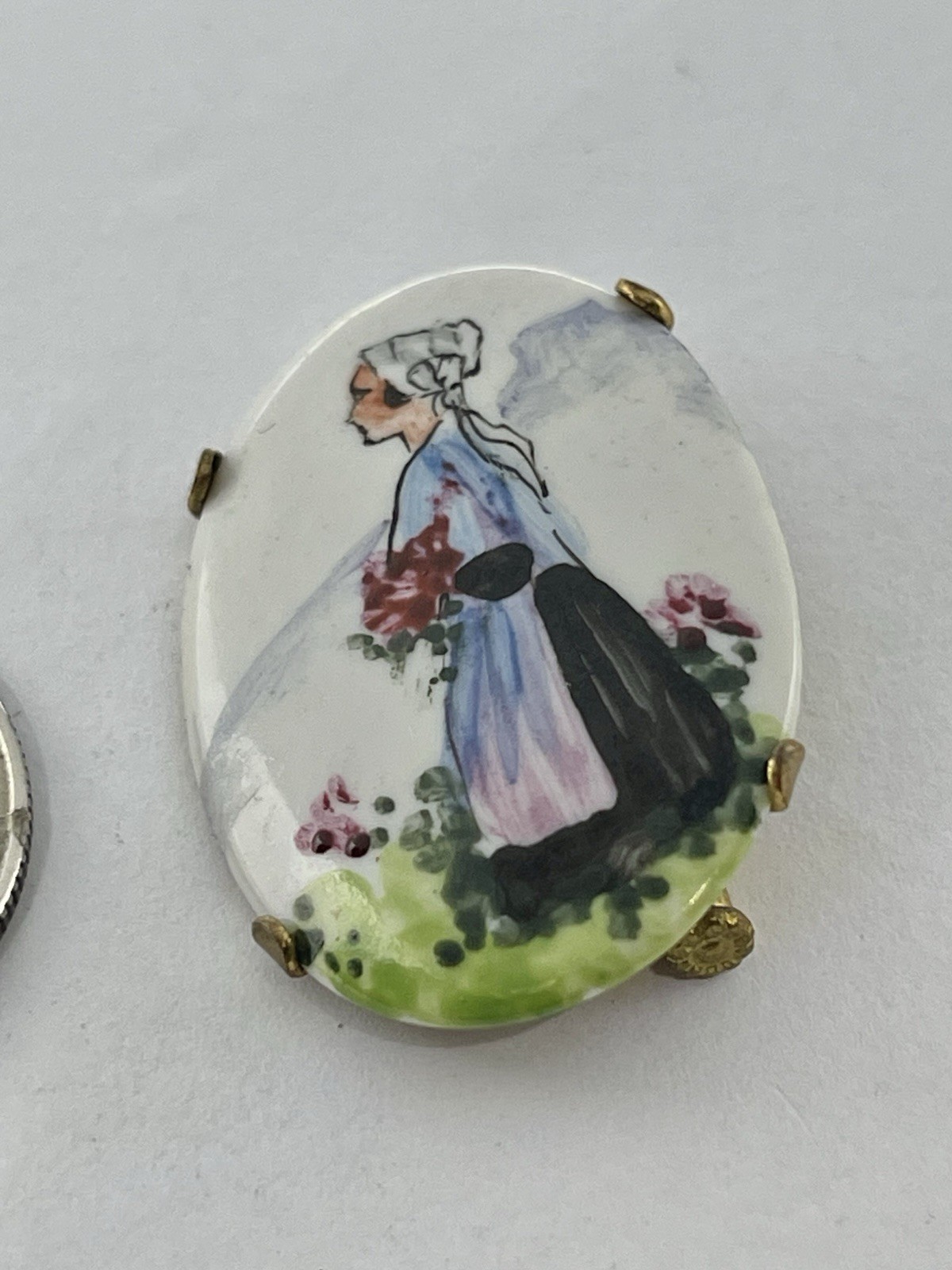 Art Deco Hand Painted Portrait of a Lady in Ethnic French Costume Bonnet Brooch