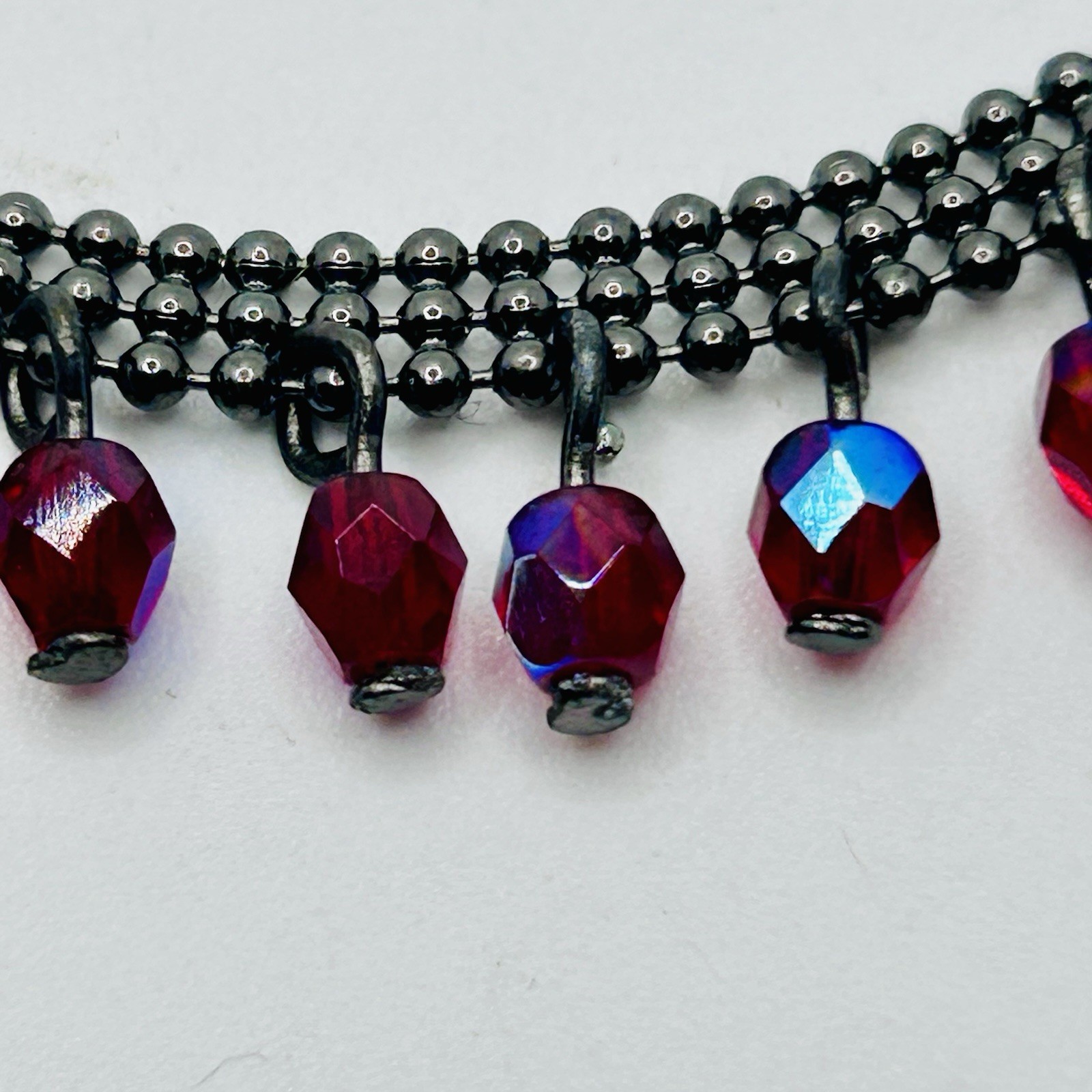 Vintage 1928 Gunmetal Red Iridescent Rhinestones Choker Necklace 13”-18”