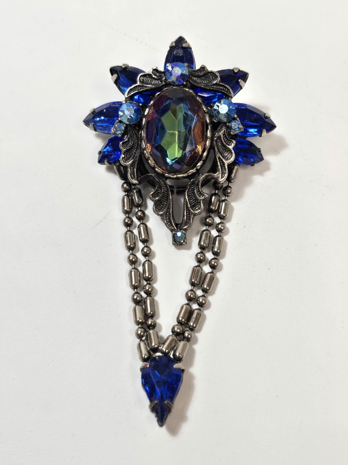 Vintage Juliana Vitrail Blue Rhinestone Ball Chain Dangle Brooch