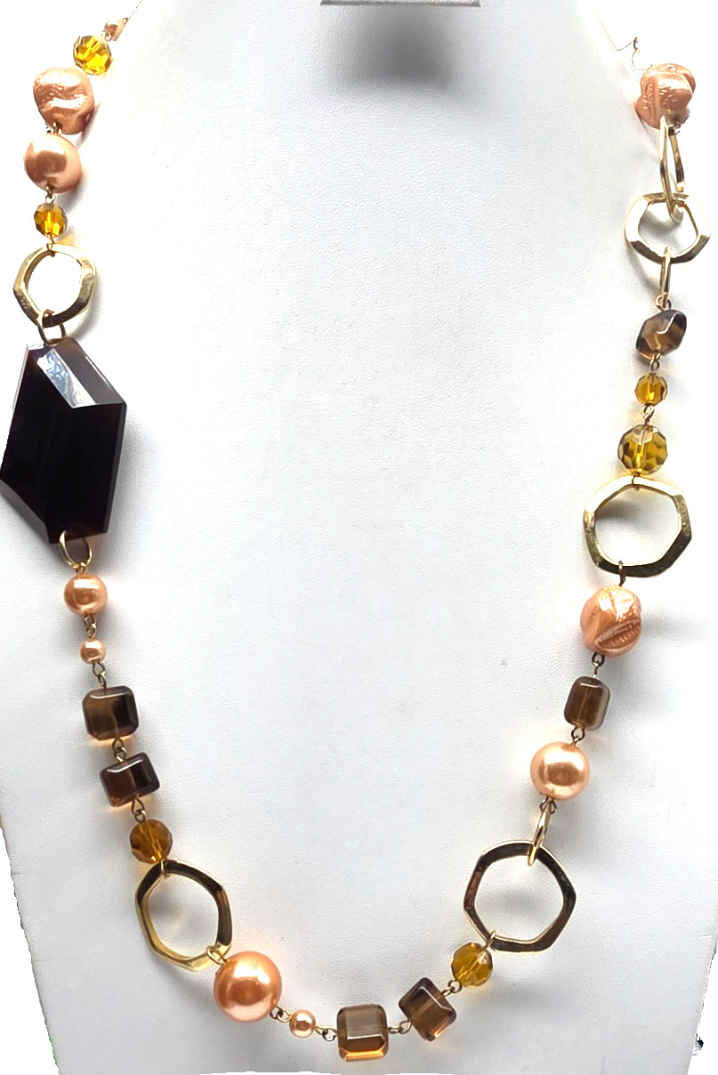 Signed Etienne Aigner Peach Faux Pearl Crystal Amber Acrylic Necklace Vintage