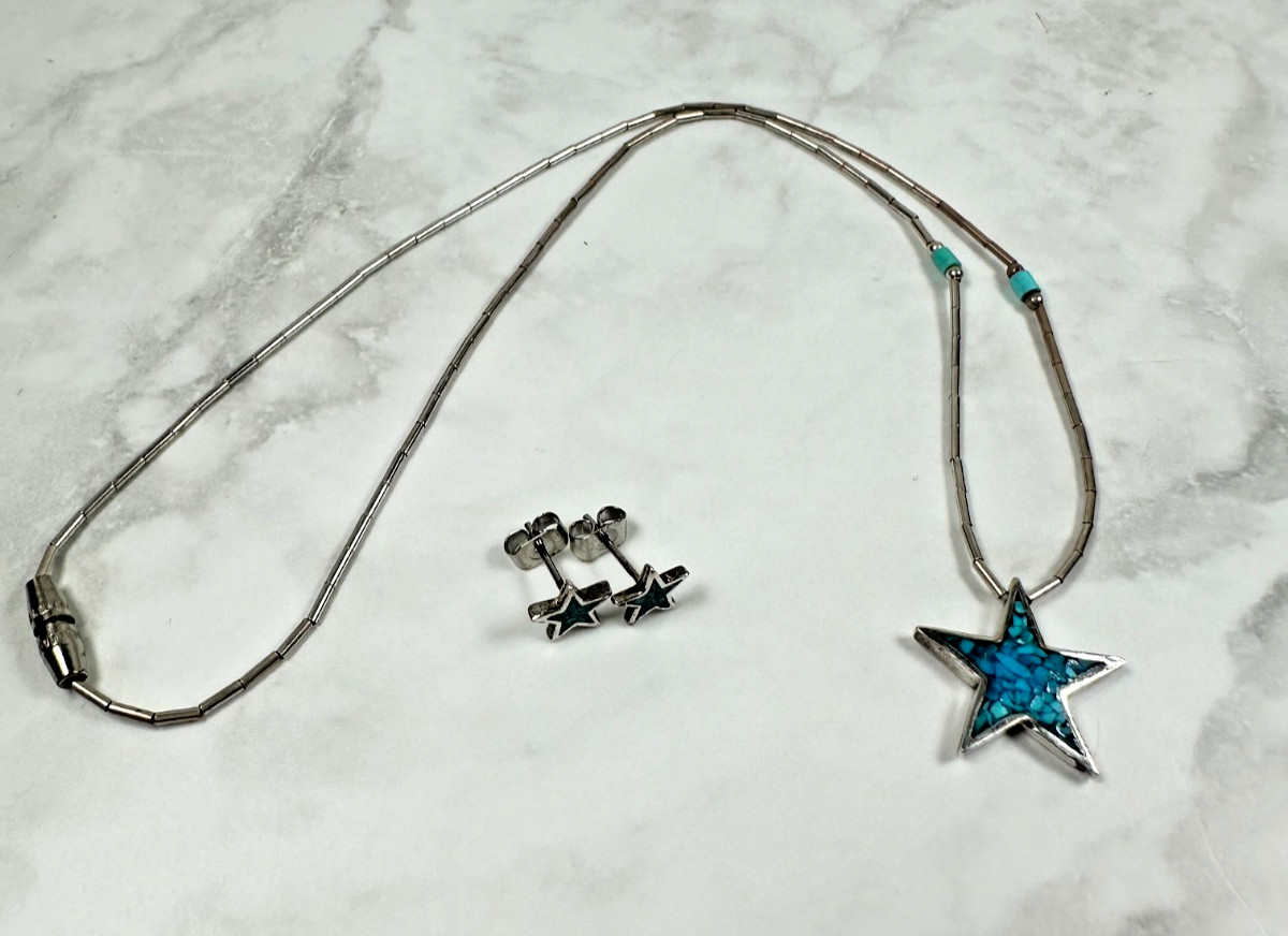 Sterling Silver Star Necklace & Stud Earrings w/ Turquoise Chip Inlay – 14″