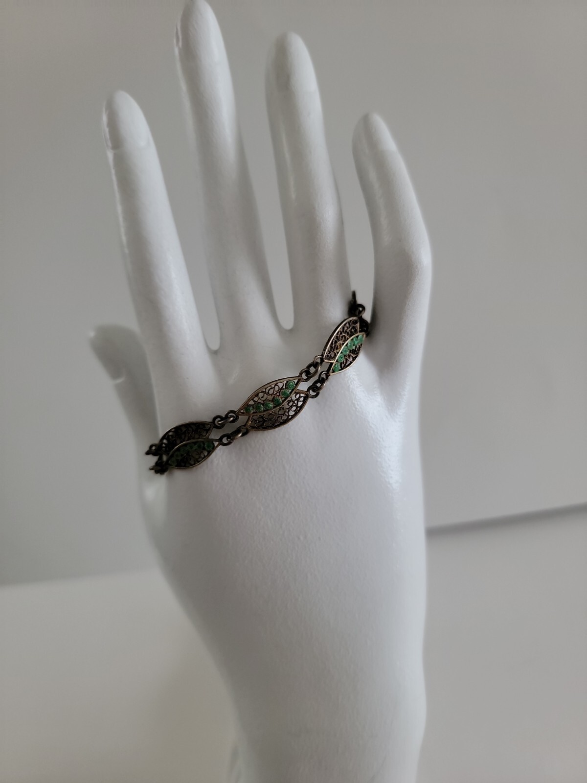 Vintage Cannetille & Green Enamel Bracelet, 6″ 800 Silver