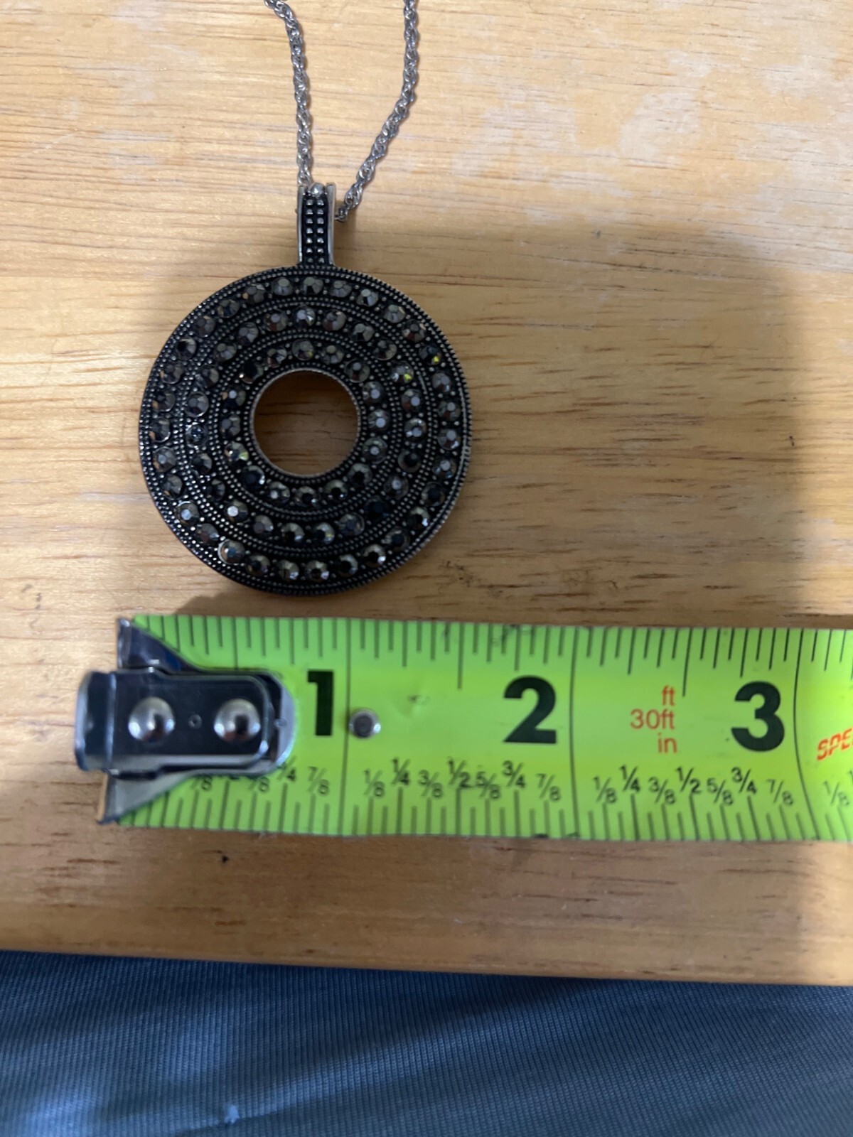 Vintage Black Circle Pendant Necklace With Rhinestones Silver-Tone Chain Gift