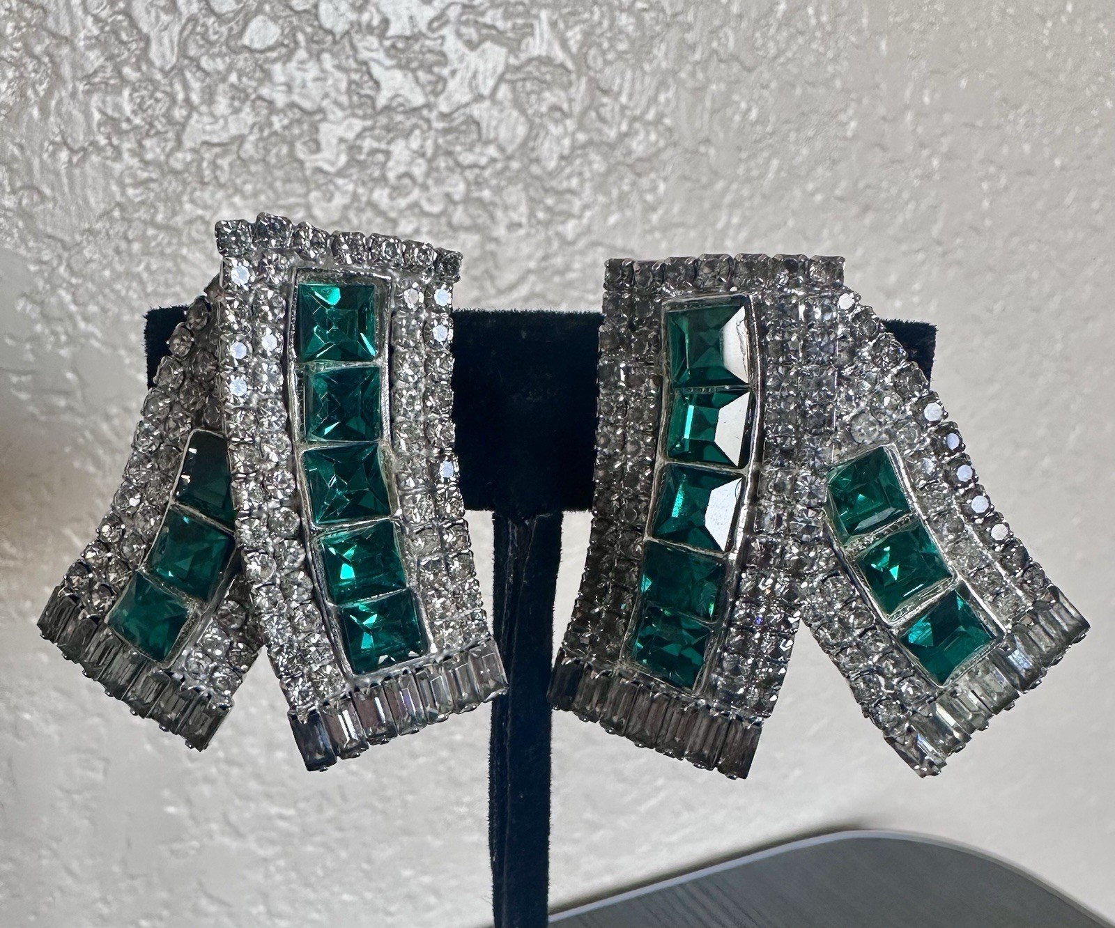 Vintage MMA Clip On Earrings W/ Ribbon-Fold Design + Emerald & Clear Rhinestones