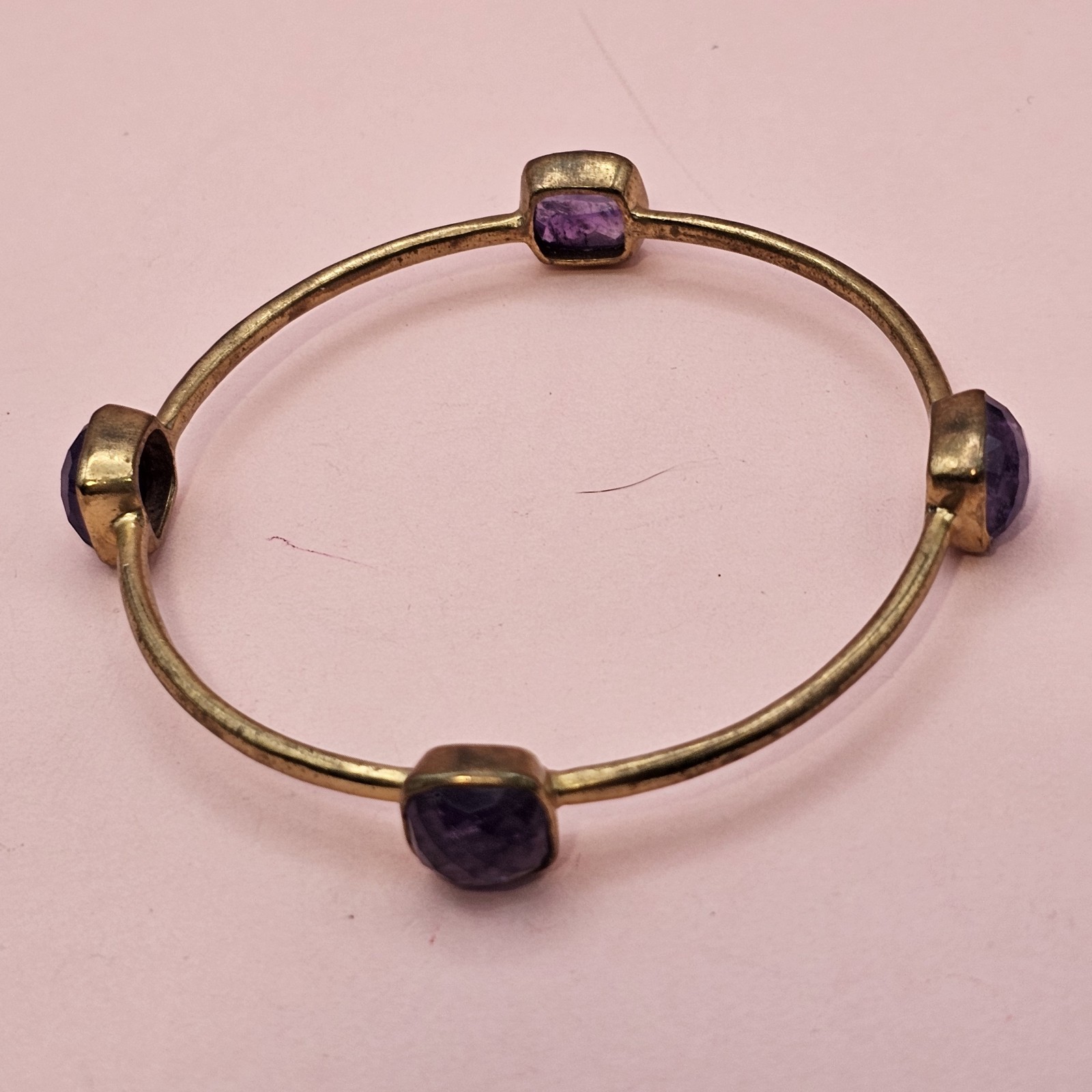 Vintage style brass amethyst bangle bracelet faceted purple stones 7.75″