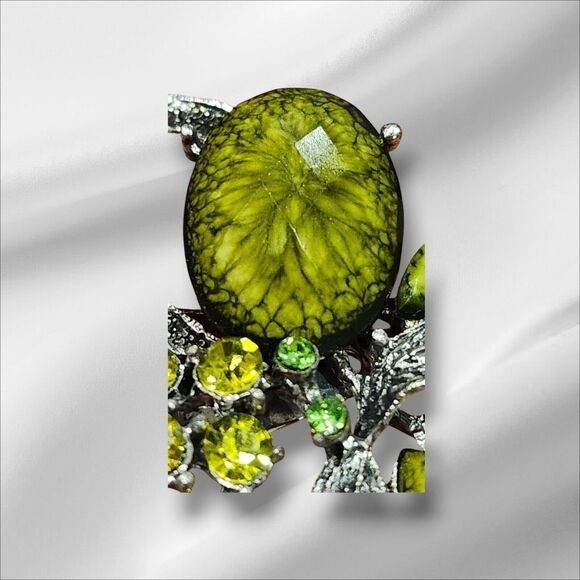 Vintage Style Lime Green Floral Brooch Silver Tone Rhinestone Botanical Pin