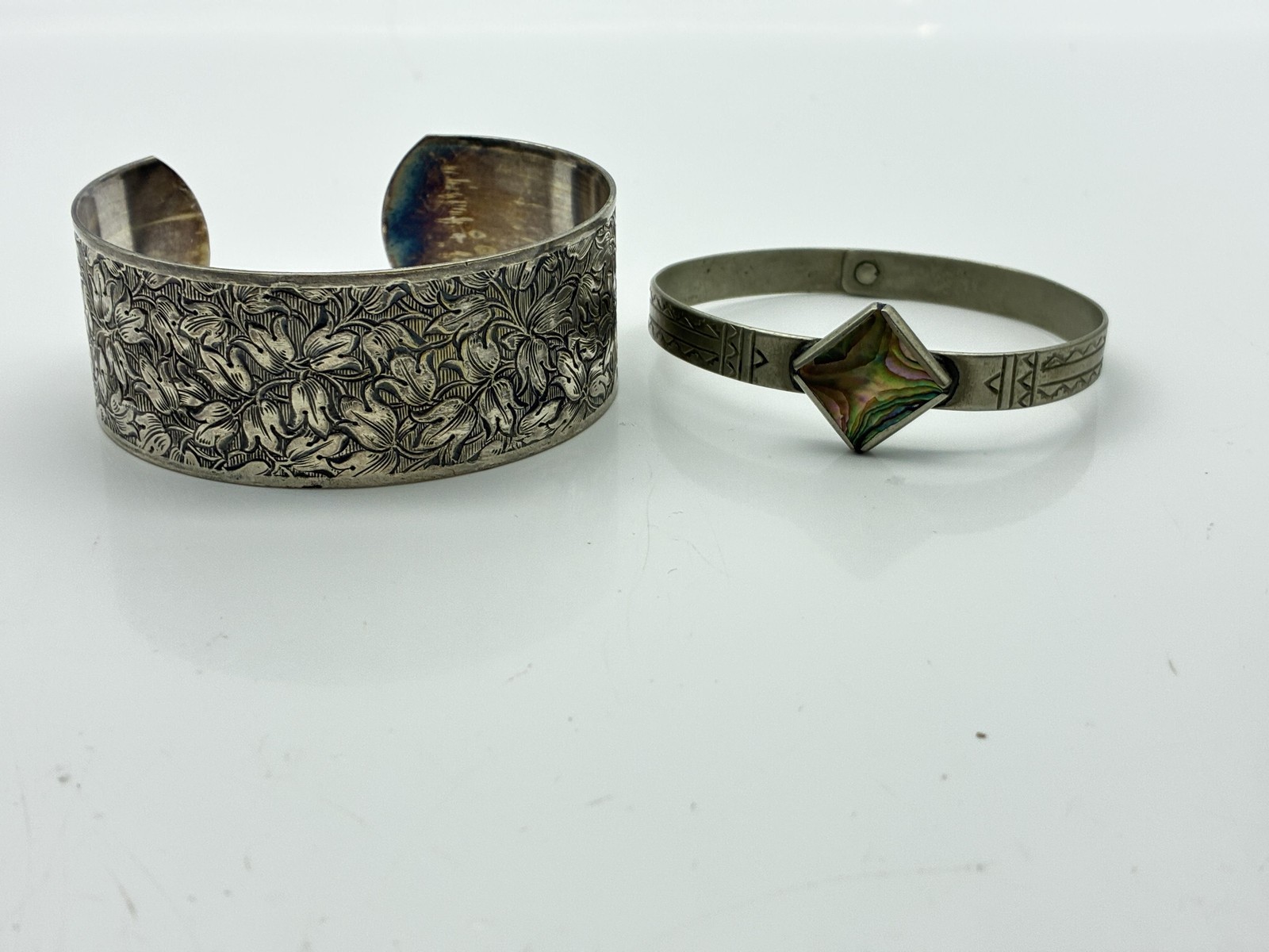 Vintage Bracelets Lot of 2 Silver Tone Floral Cuff and Abalone Shell Bangle