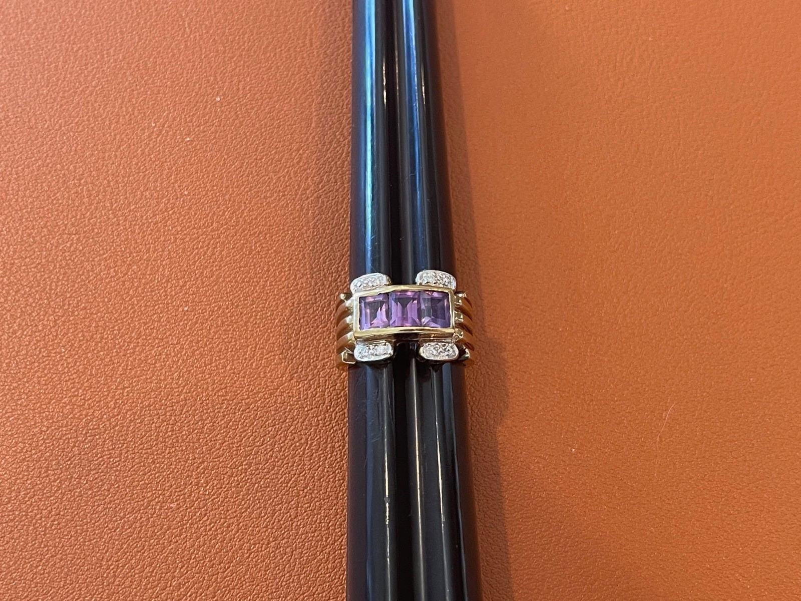 RF Sterling SIlver Ring w/ Gold Wash Purple & Clear Stones Size 6.5
