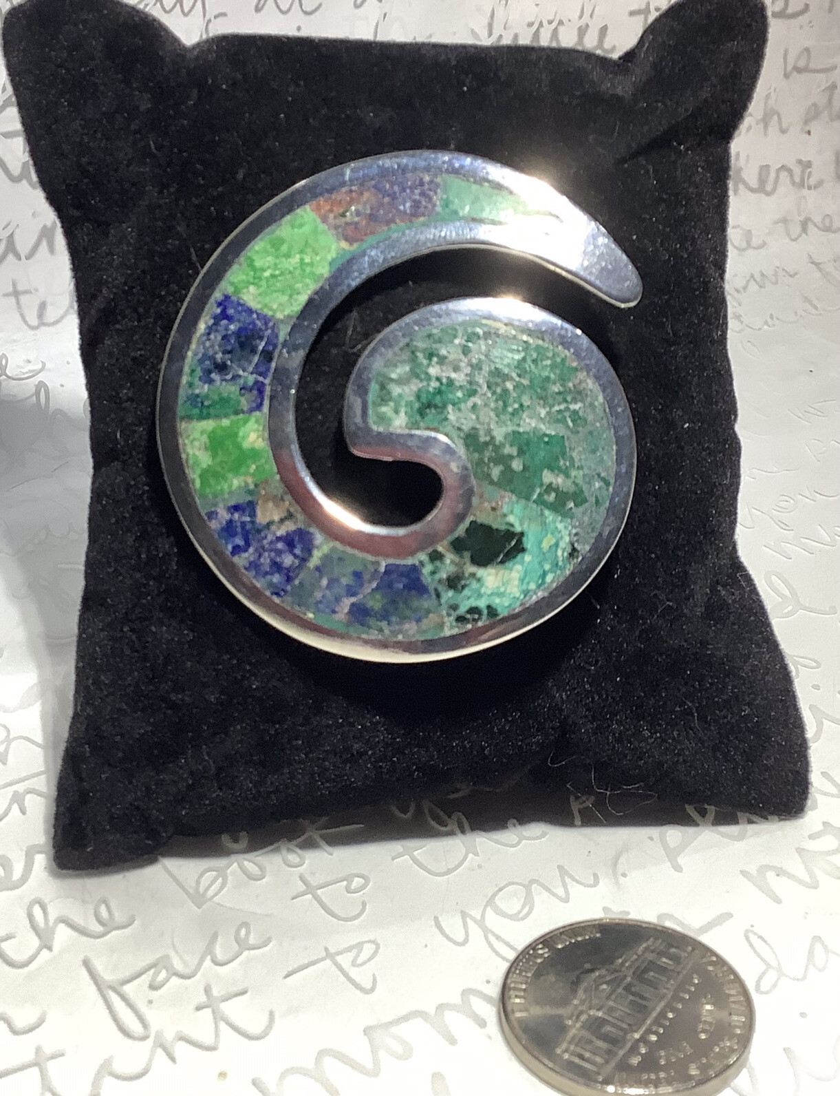 Modernist LOS CASTILLO Handmade 925 Ster Azurite Mosaic Aztec Swirl Brooch 10.5g
