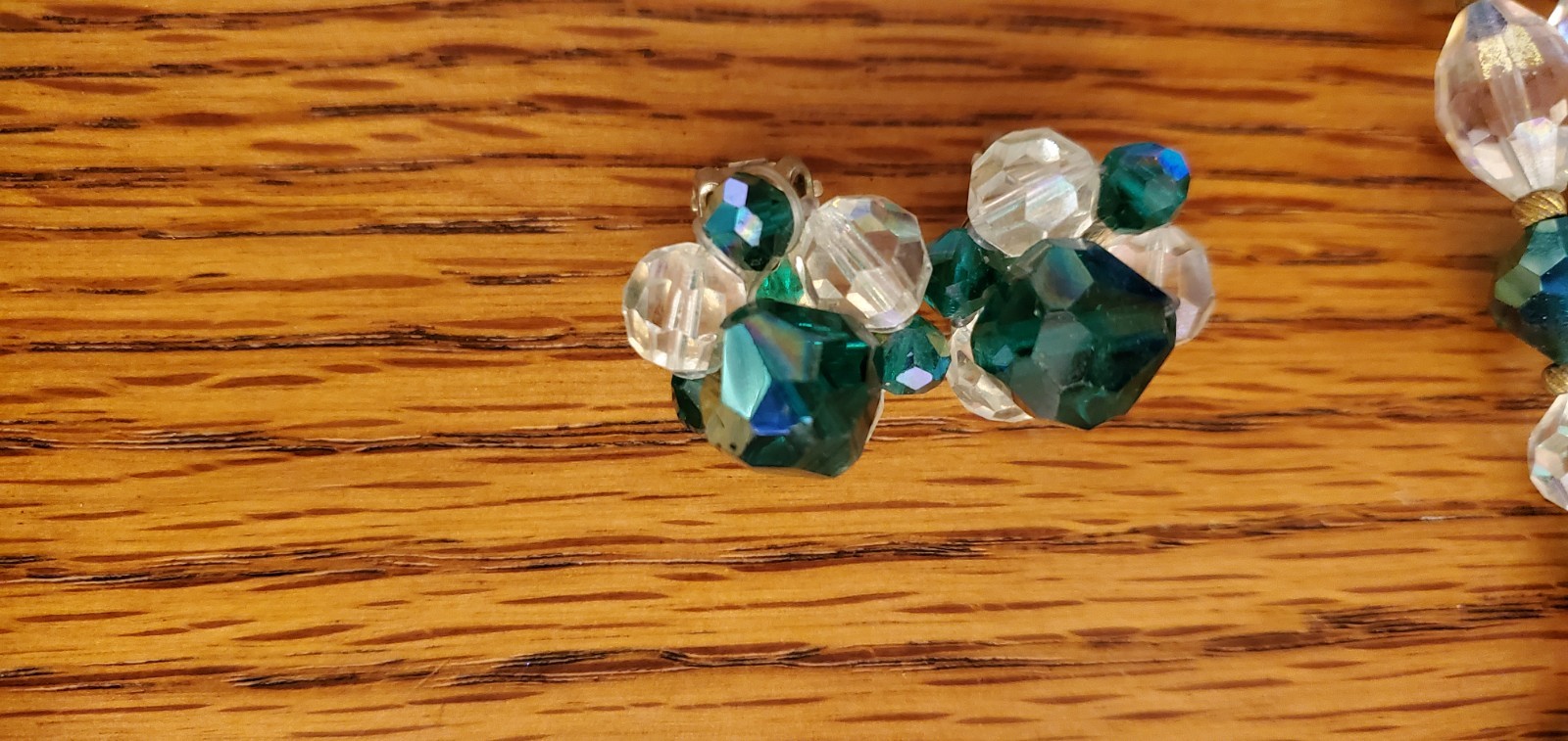 Vintage Emerald Green &Clear Aurora Borealis Double Strand Crystal Necklace set